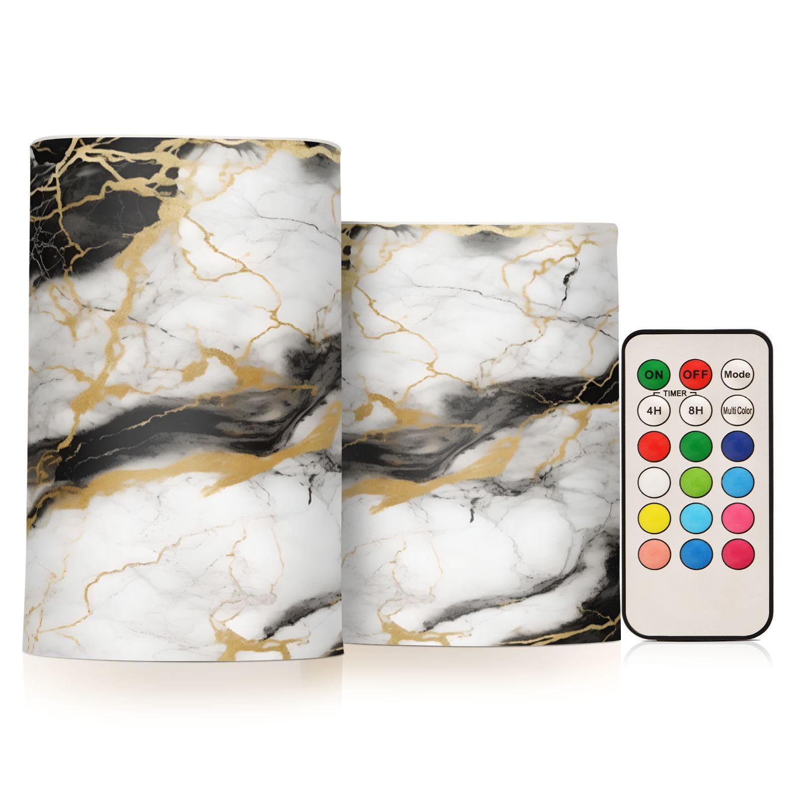 BOENLE Flickering Flameless Candles, Golden White Black Marble LED Candles with Remote Timer, Set of 2 Battery Operated Candle f