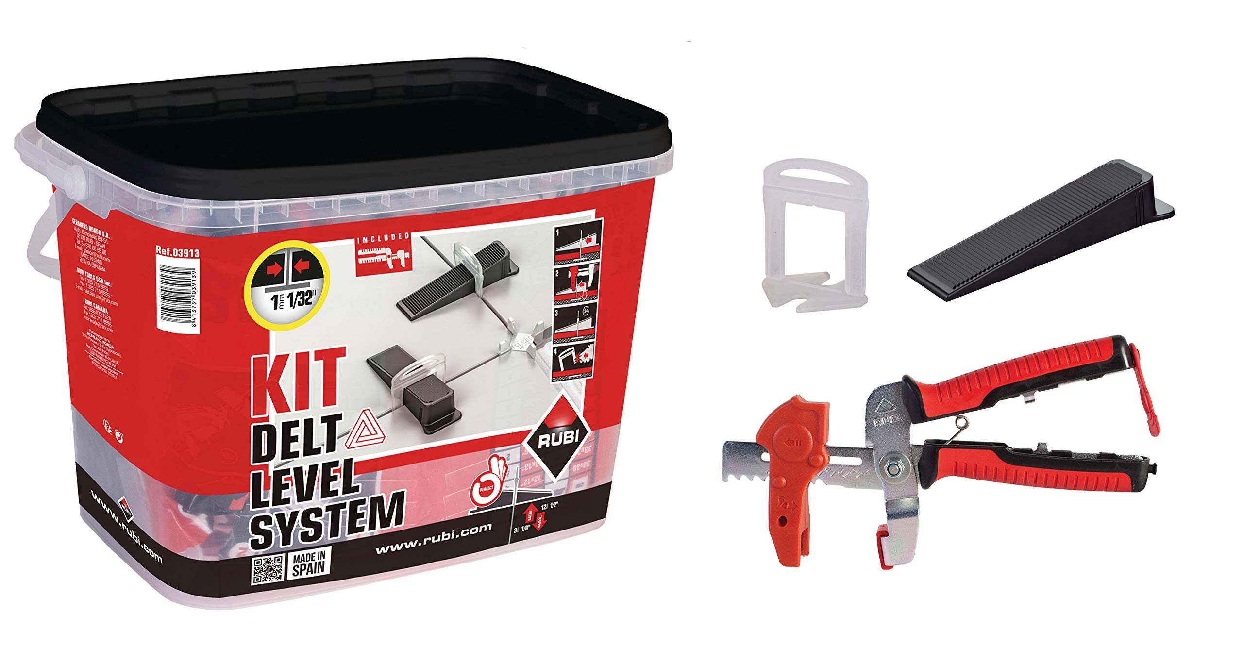 Rubi Tools Delta Tile Leveling System Kit with 1/16 Inch Clips, Wedges and Red Pliers- 03914