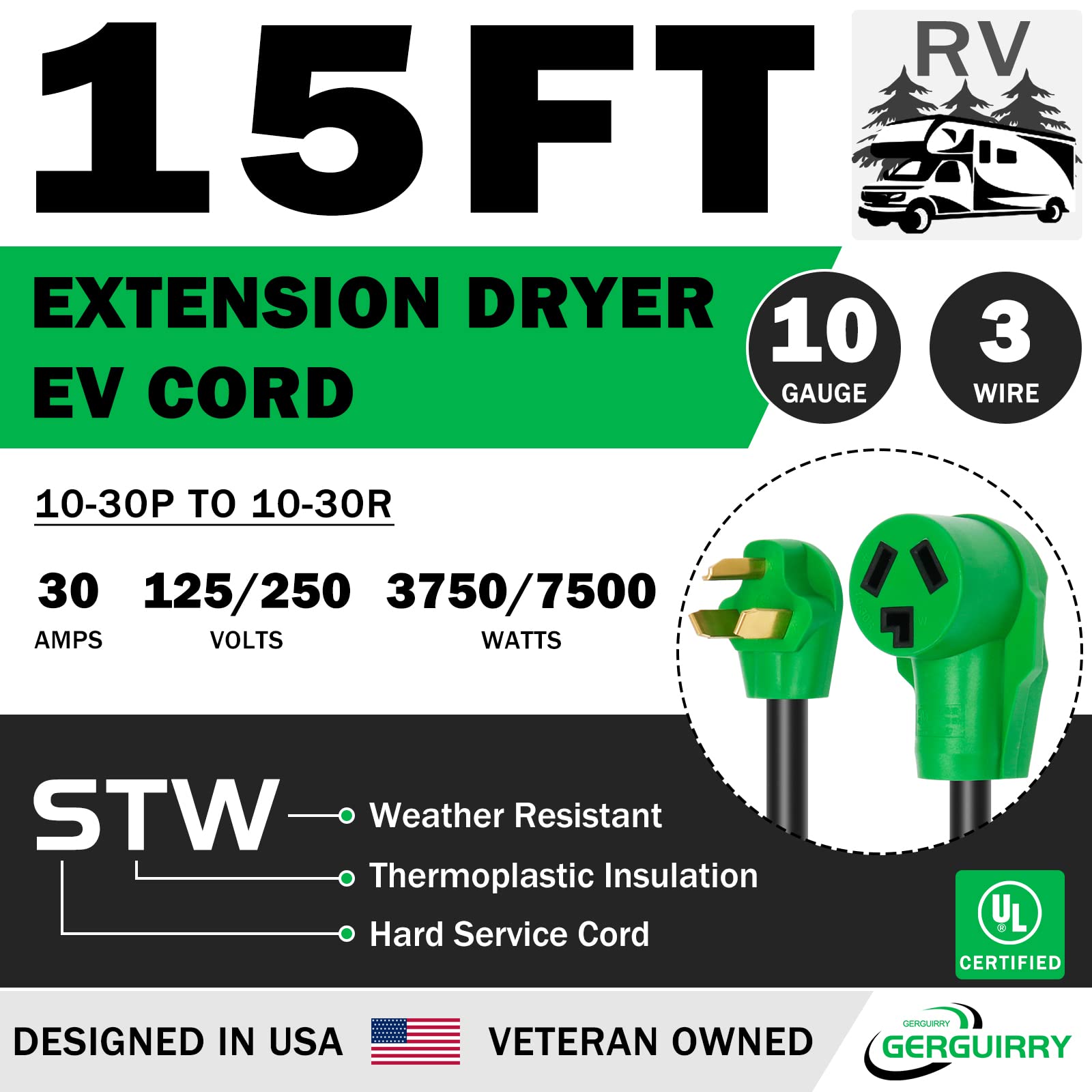 3 Prong Dryer Extension Cord, Gerguirry 15 Feet Extension Cord, 30 Amp Nema 10 30P To 10 30R Extension Dryer Cord, Use For Dryer