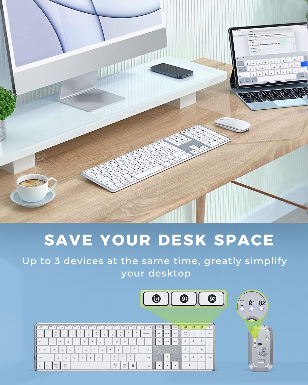 Wireless Bluetooth Keyboard And Mouse Combo (Usb + Dual Bt), Seenda Multi Device Rechargeable Slim Keyboard And Mouse, Compatible For Win 7/8/10, Macbook Pro/Air, Ipad, Tablet   White Silver