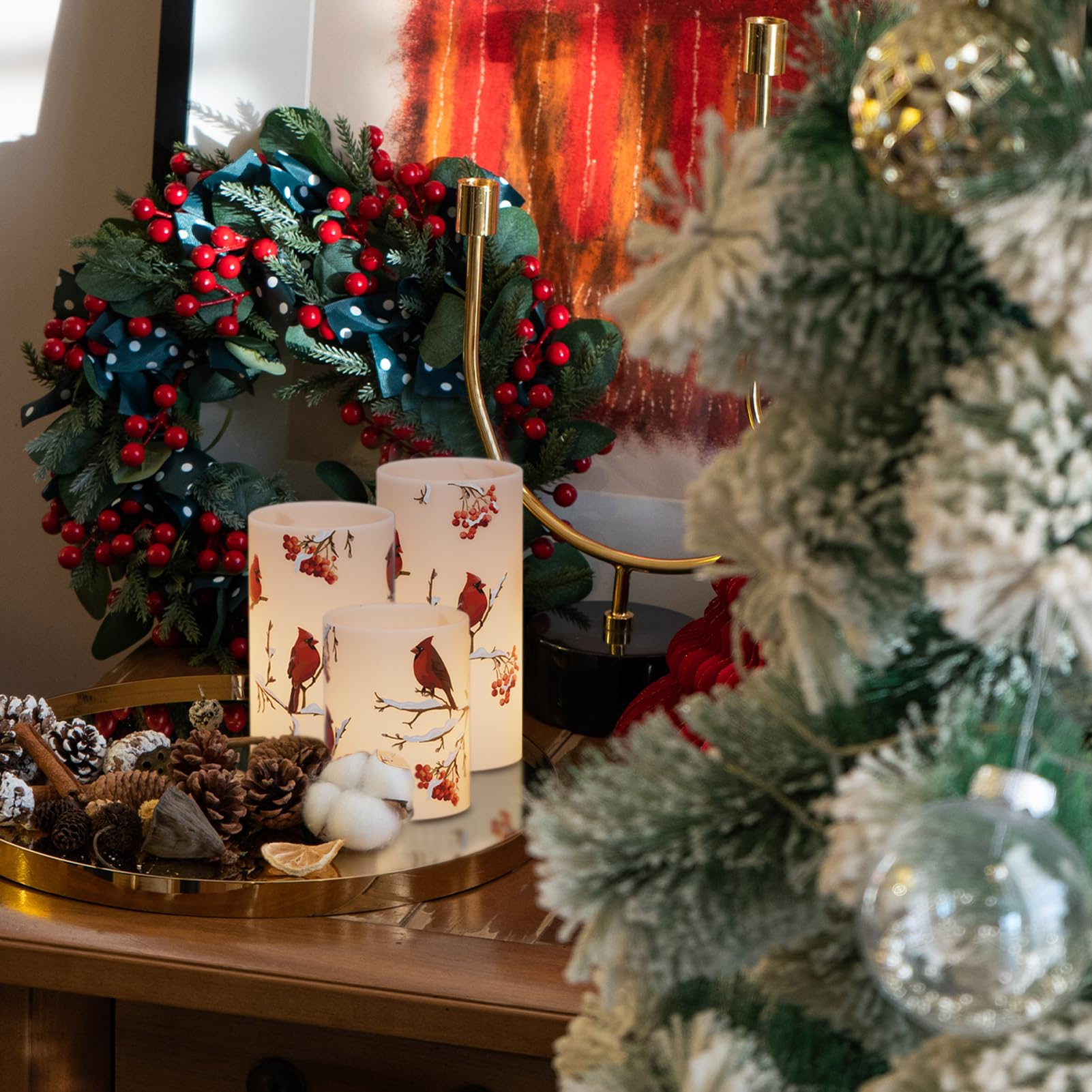 Lasumora Cardinal Theme Christmas Flameless Candles With 6H Timer, Real Wax Led Pillar Candles Flickering, Battery Operated Waxy