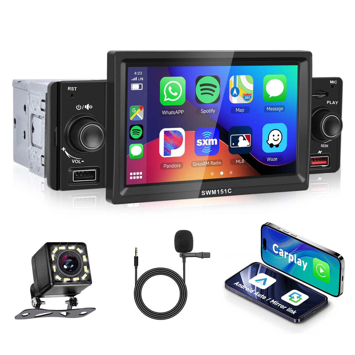 Single Din Radio With Appie Carplay Android Auto,Podofo 5Inch 1280X480 Hd Touch Screen Car Stereo Audio Receivers With 5.1 Bluetooth Fm Radio Airplay Mirrorlink Hd Backup Camera Usb/Tf/Aux In Ports