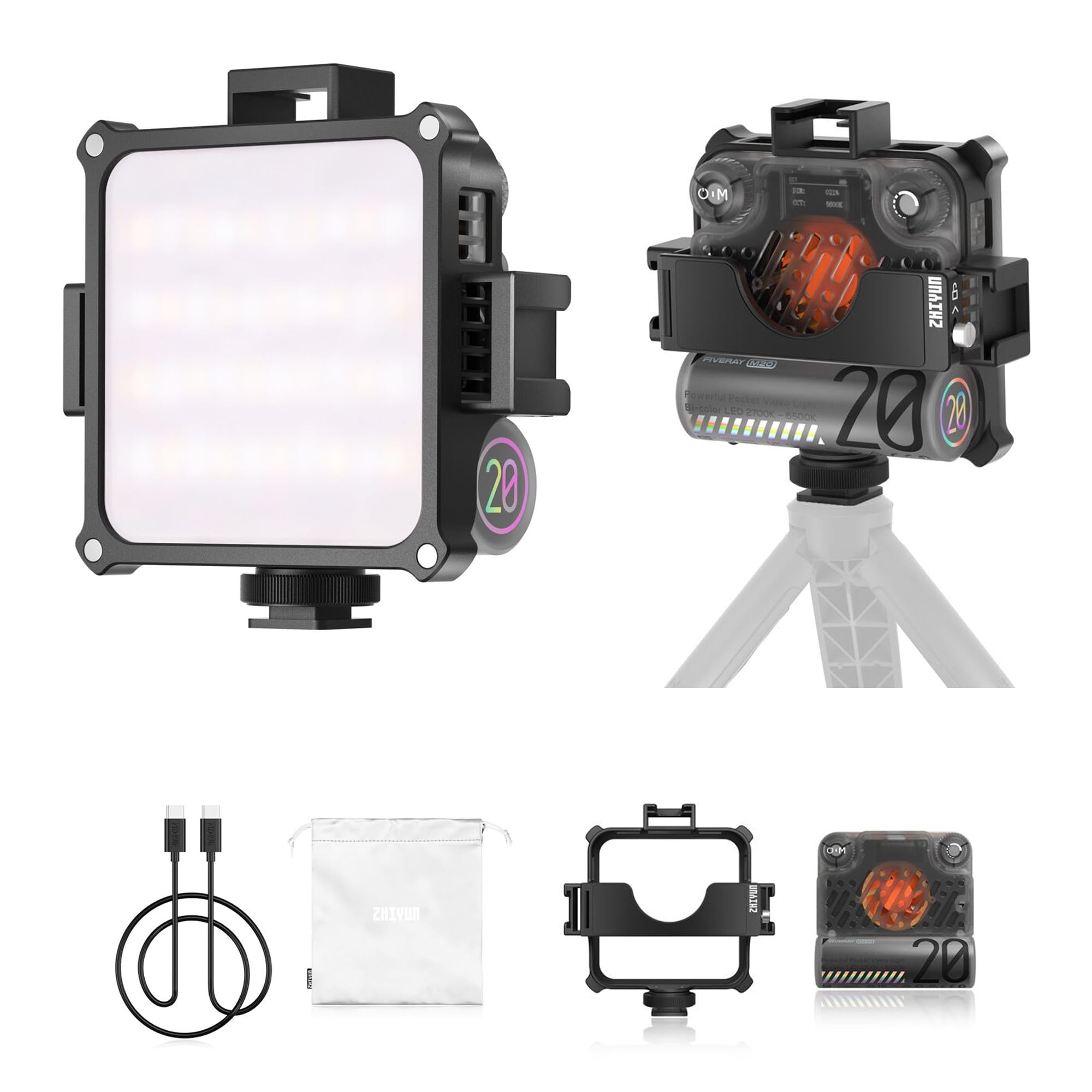Zhiyun Fiveray M20 On Camera Video Lights, Bi Color 2700K~6500K Led Video Lights, 20W (M20)