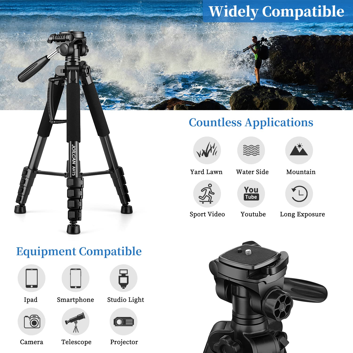 Joilcan Tripod Camera Tripods, 74'' Tripod For Camera Phone Video Recording, Heavy Duty Camera Tripod Stand, Professional Travel