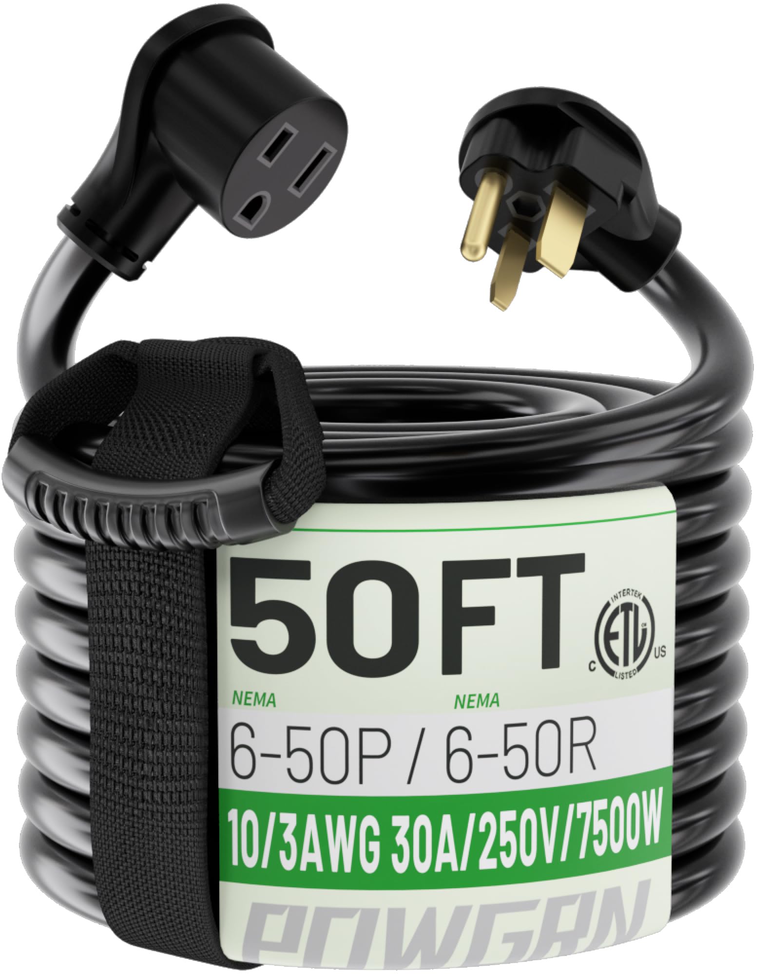 Powgrn 30 Amp 50Ft Welder Extension Cord Outdoor 10 Gauge, 250V Nema 6 50 Heavy Duty Welding Cord 3 Prong, 10Awg Sjtw Black, Etl