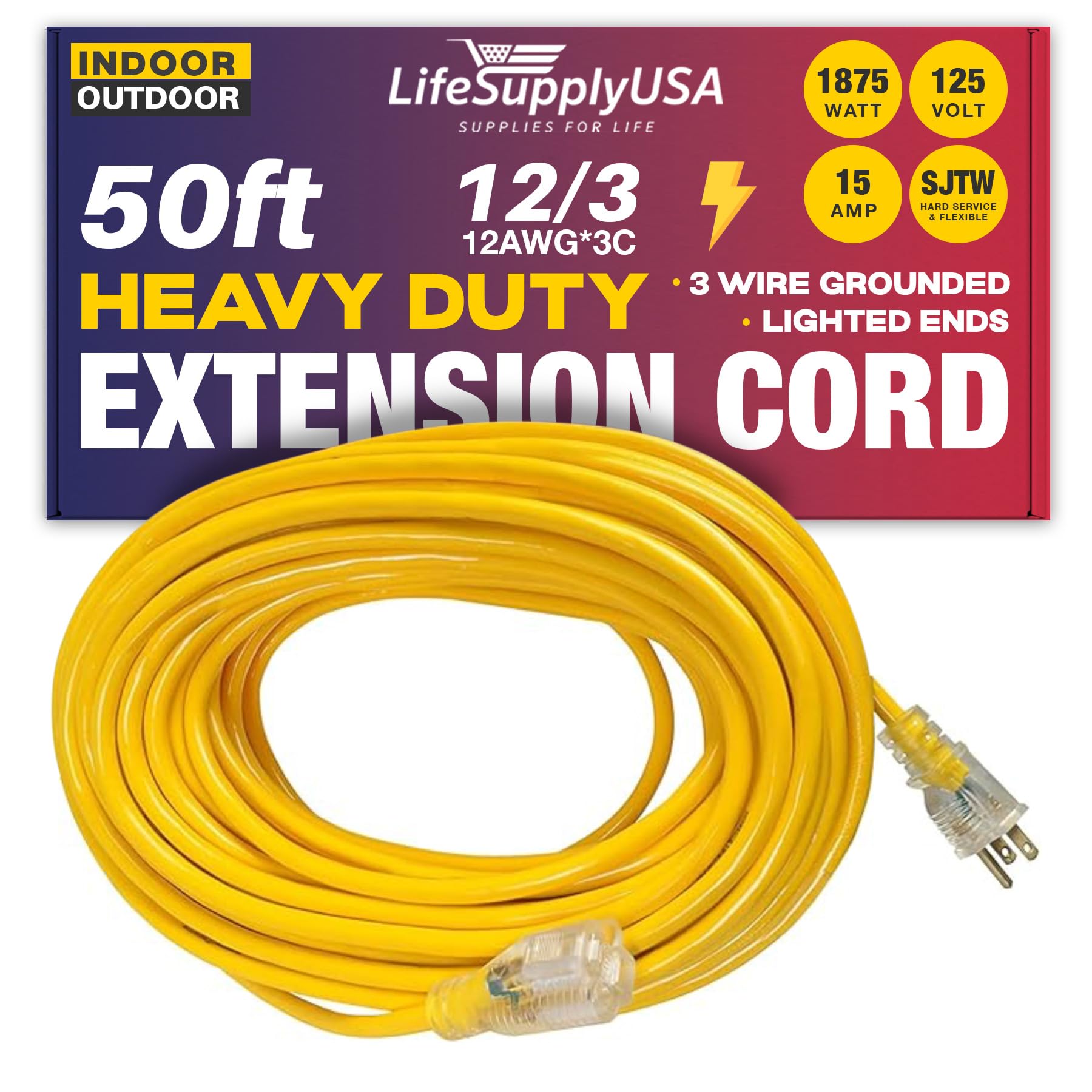 50ft Power Outdoor Extension Cord & Indoor  Waterproof Electric Drop Cord Cable  3 Prong SJTW, 12 Gauge, 15 AMP, 125 Volts, 18
