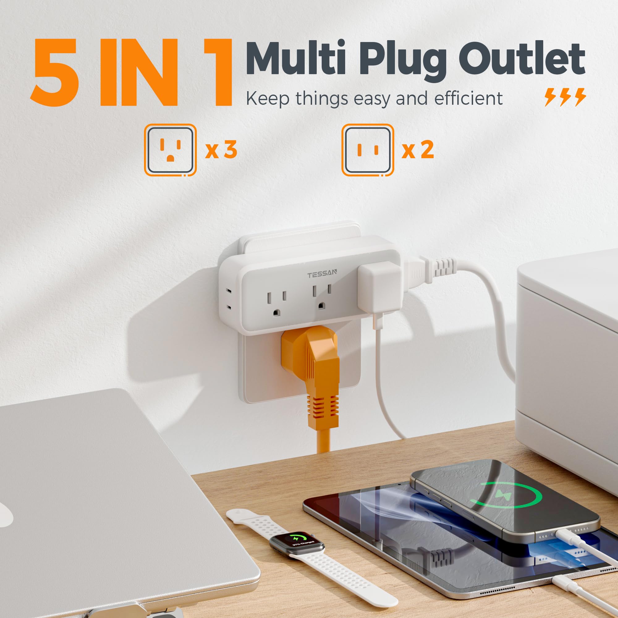 Multi Plug Outlet Splitter, Tessan Surge Protector Wall Plug Splitter With 5 Outlet Extender, 3 Sided Multiple Plug Expander For