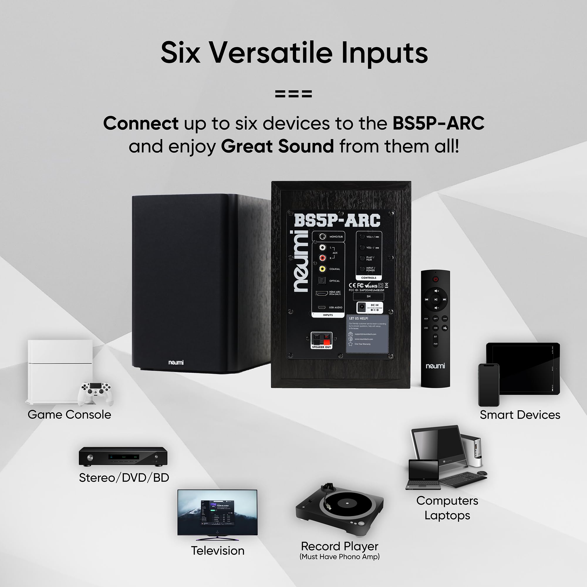 Neumi Bs5P Arc 75 Watt Powered Bookshelf Speakers, Bluetooth, Hdmi, Usb, Optical, Coaxial, Remote Control, 5 Inch Woofer, 1 Inch