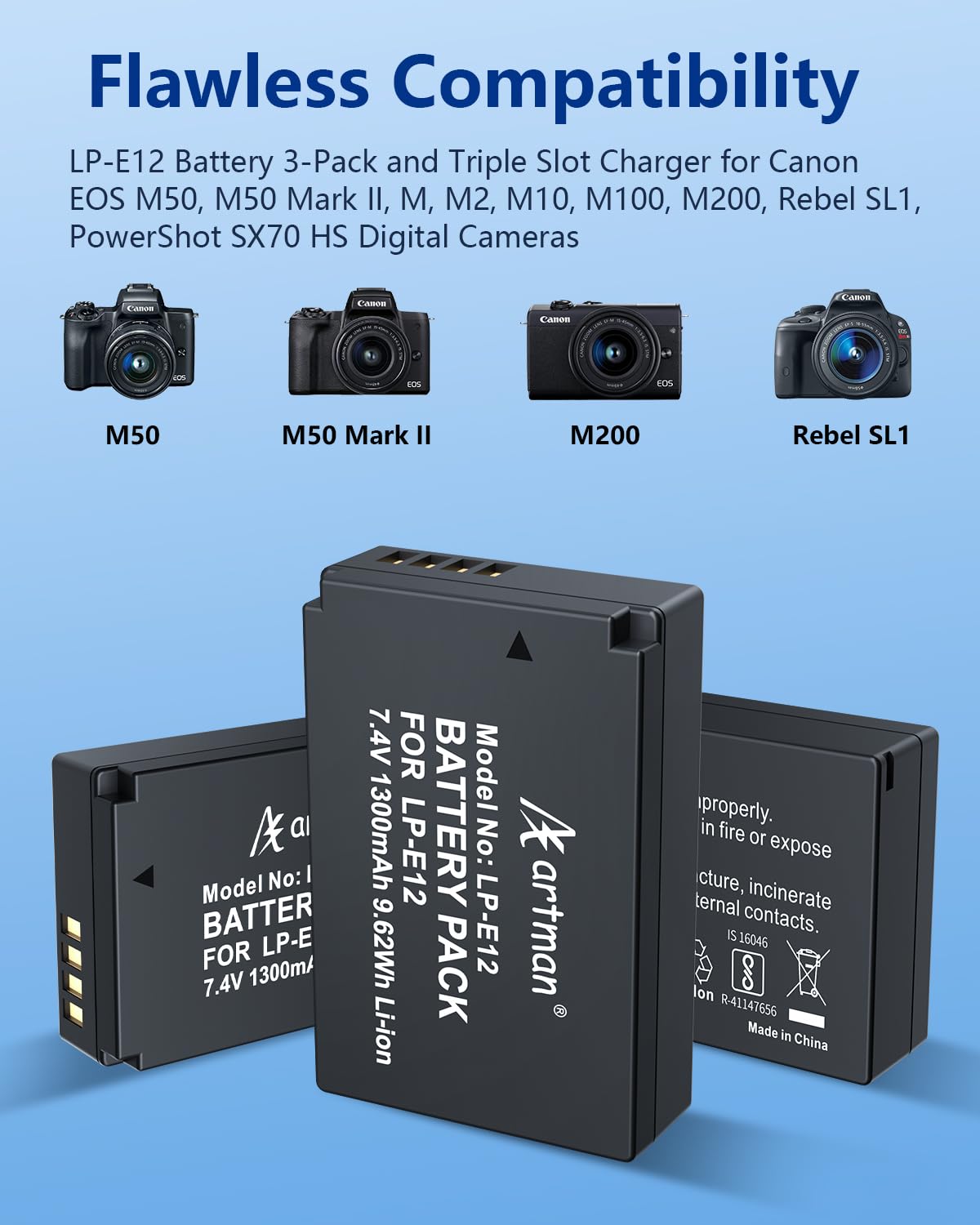 Artman 3 Pack Lp E12 Batteries 1300Mah And 3 Slot Lcd Charger Pack For Canon Eos M50, M50 Mark Ii, M, M2, M10, M100, M200, Rebel