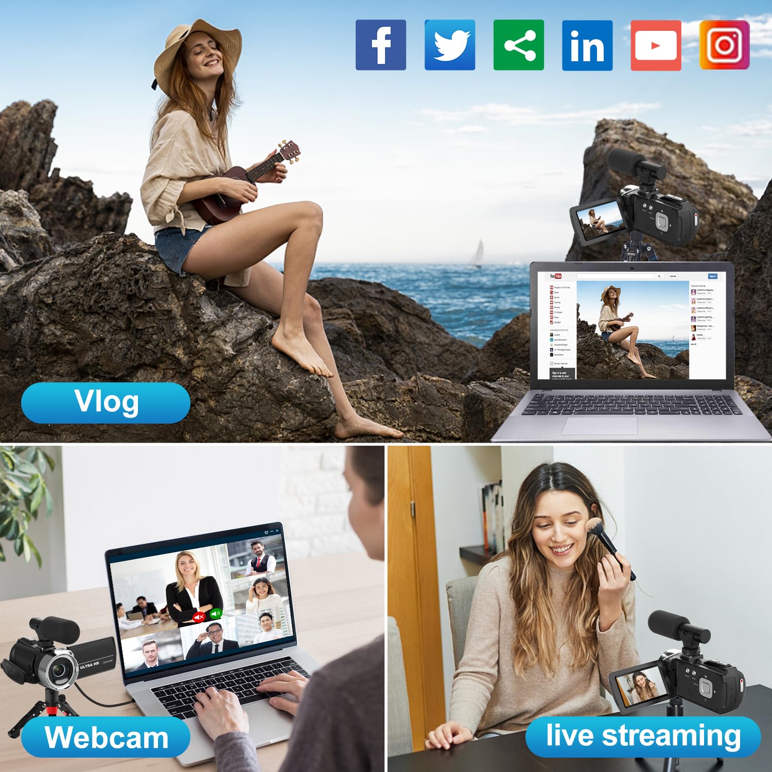 Weochi Video Camera Camcorder Hd 4K 48Mp Digital Cameras Recorder For Youtube Tiktok 3 Inch 270 Degree Rotation Screen 18X Zoom