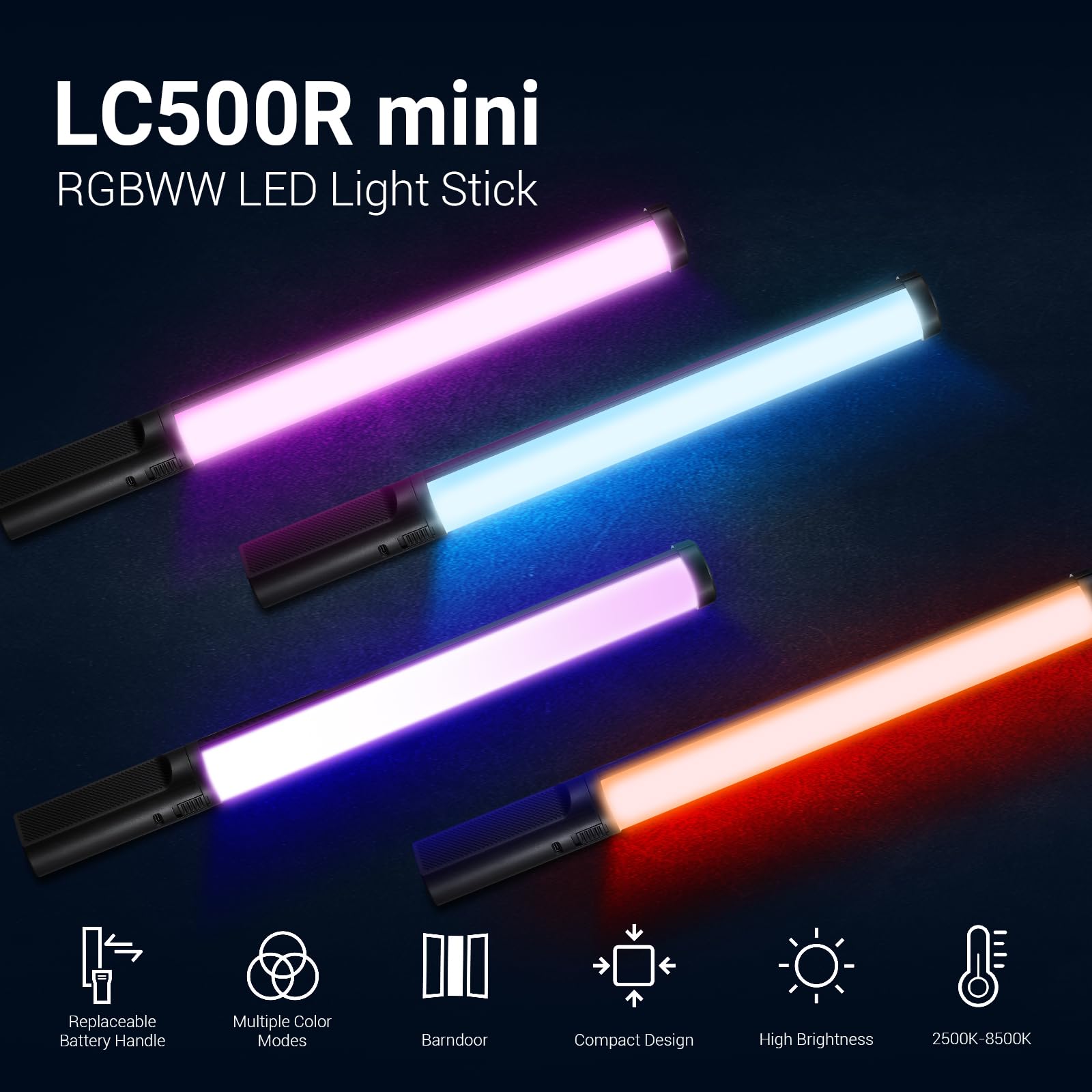 Godox Lc500R Mini Handheld Rgb Tube Light, 2500K 8500K Rgb Stick Light With Barndoor&Soft Diffuseur, 20W 360Full Color Cri 96+ 1