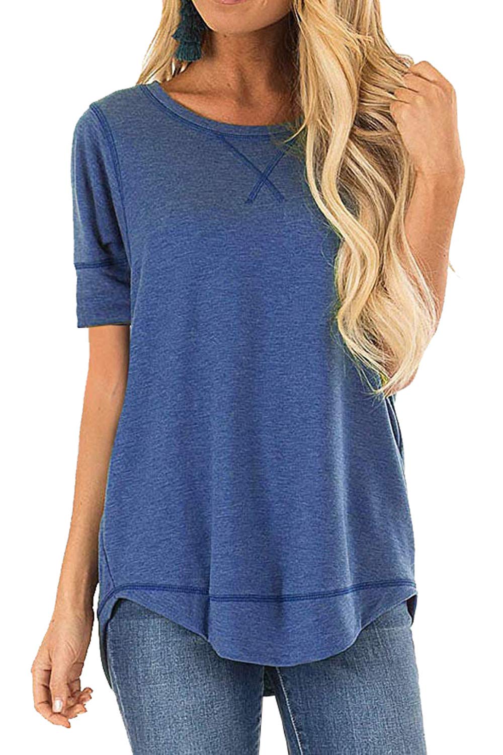 Jomedesign Summer Tops For Women Short Sleeve Side Split Casual Loose Tunic Top Blue Medium