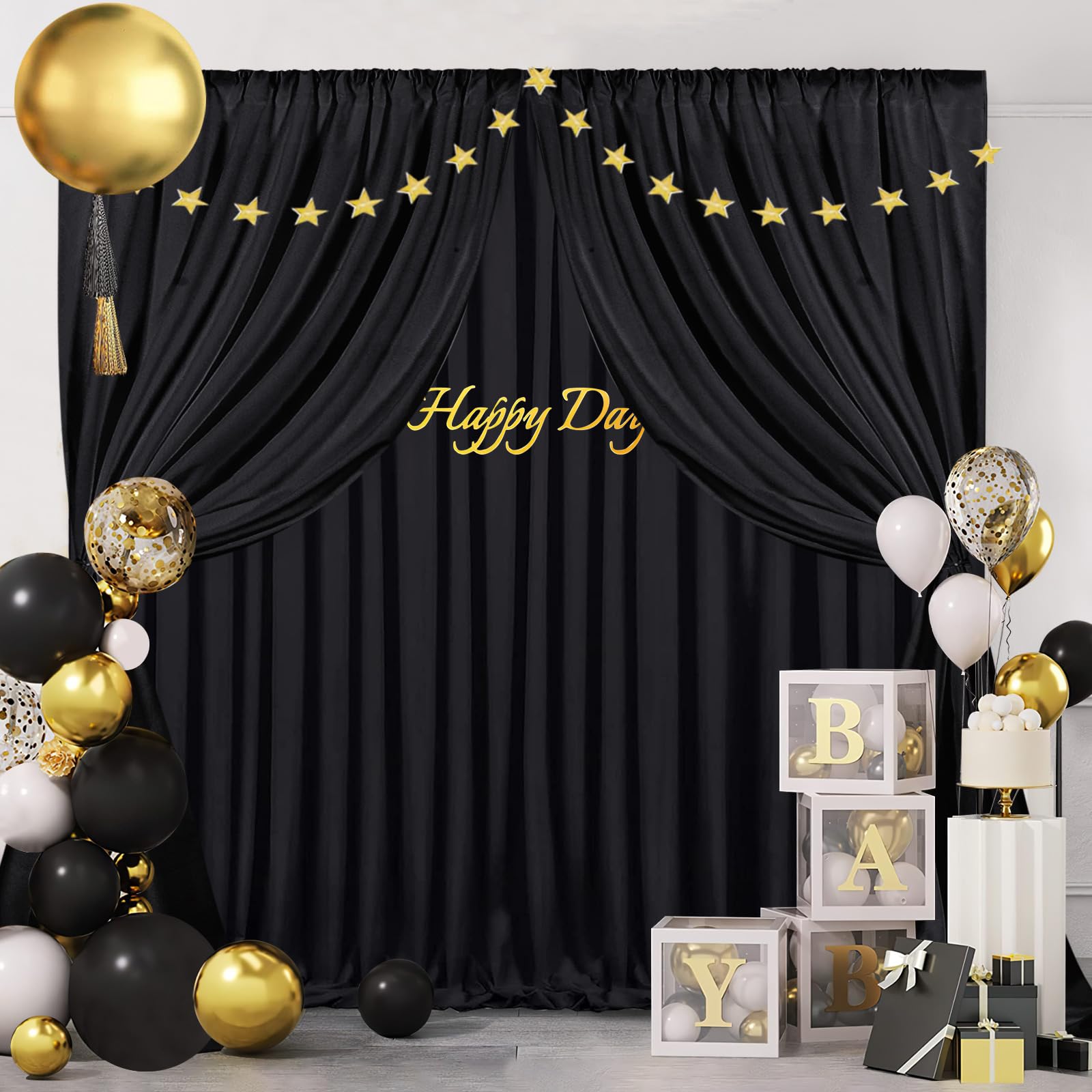 Black Backdrop Curtains 30Ft X 10Ft: Polyester Photo Backdrop Drapes   6 Panels 5X10Ft For Halloween Party Stage Birthday Backgr