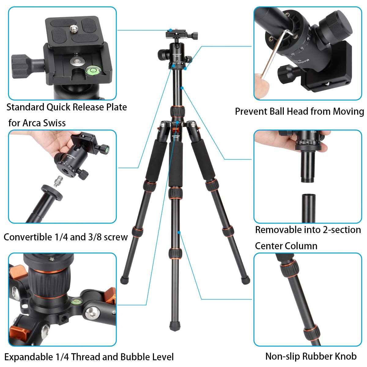 Koolehaoda Mini Tripod Aluminum Alloy 7"-25" Adjustable 360° Ball Head, Load up to 22lbs, Orange, Model TMP-223