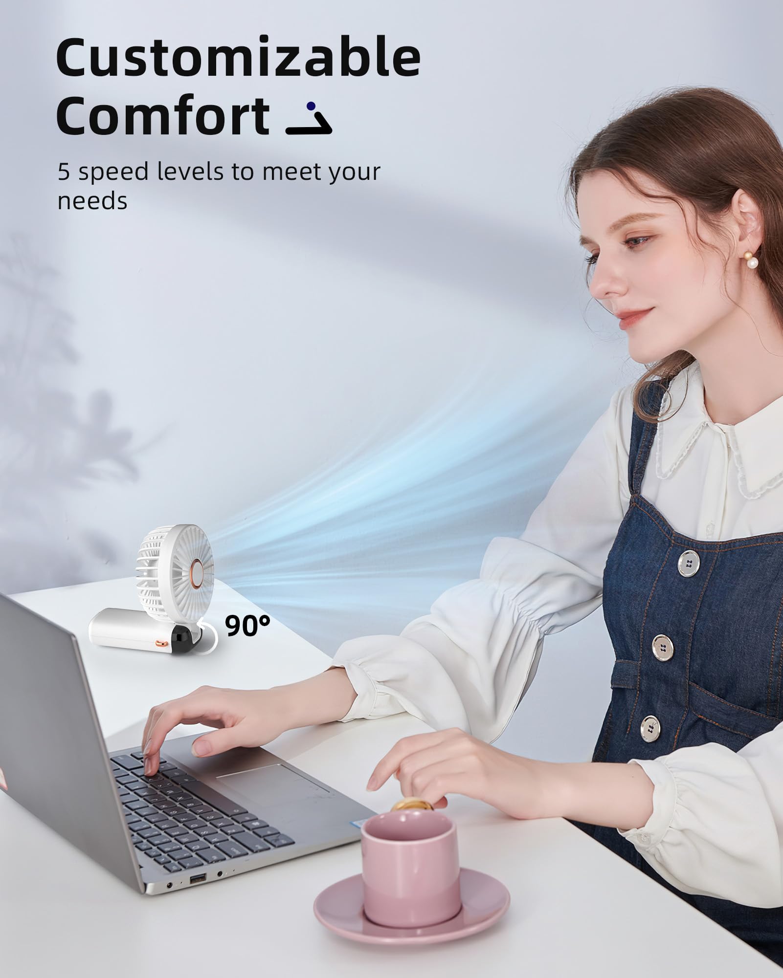 Koonie Portable Handheld Fan, Battery Operated Fan With Base, 8 Hours, Digital Display, 5 Speeds, 90 Ajustable, Rechargeable Min