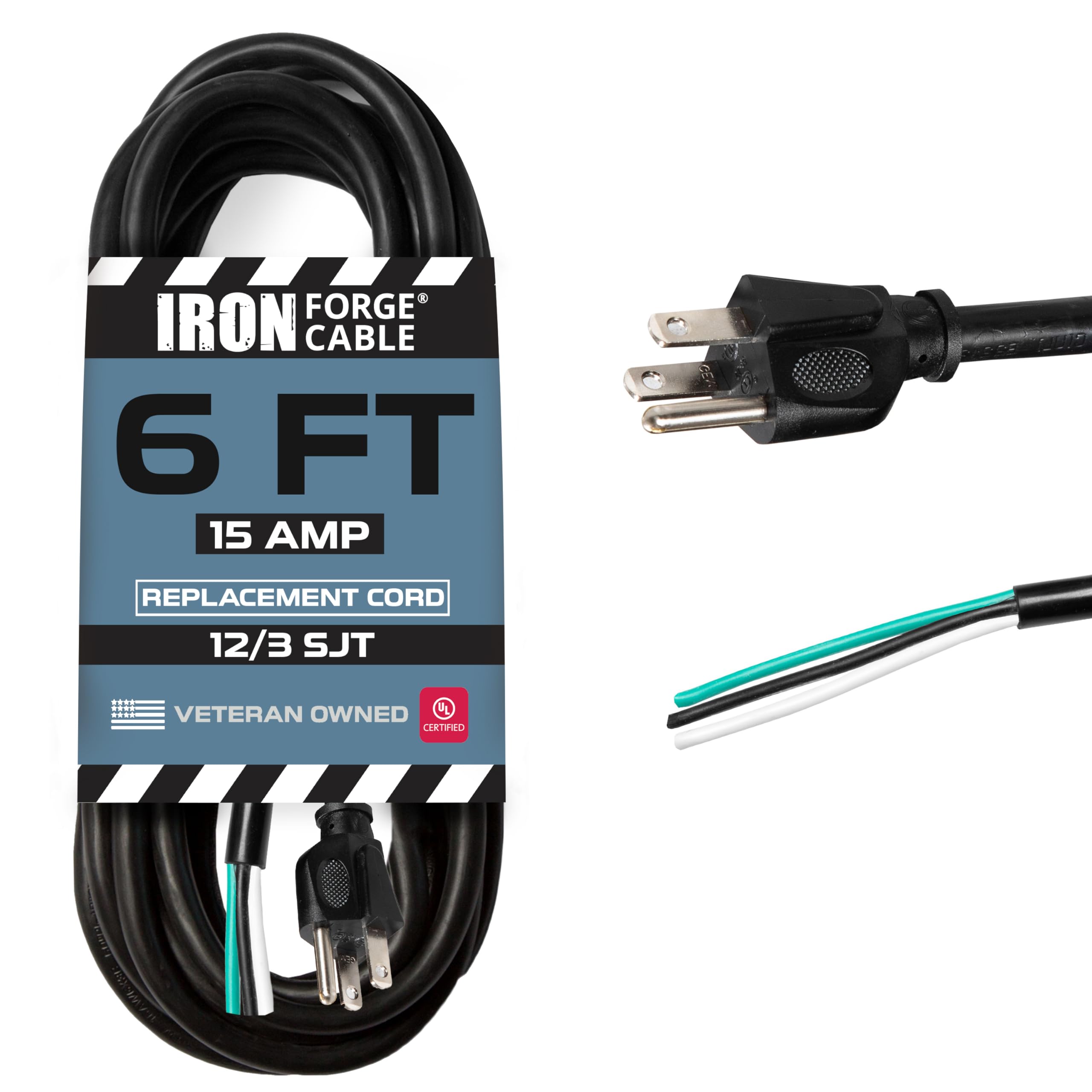 Iron Forge Cable 12 Awg Power Cord Replacement 3 Prong With Open End   15 Amp Black Heavy Duty Extension Cord 6 Ft, Sjt 12/3 Rep