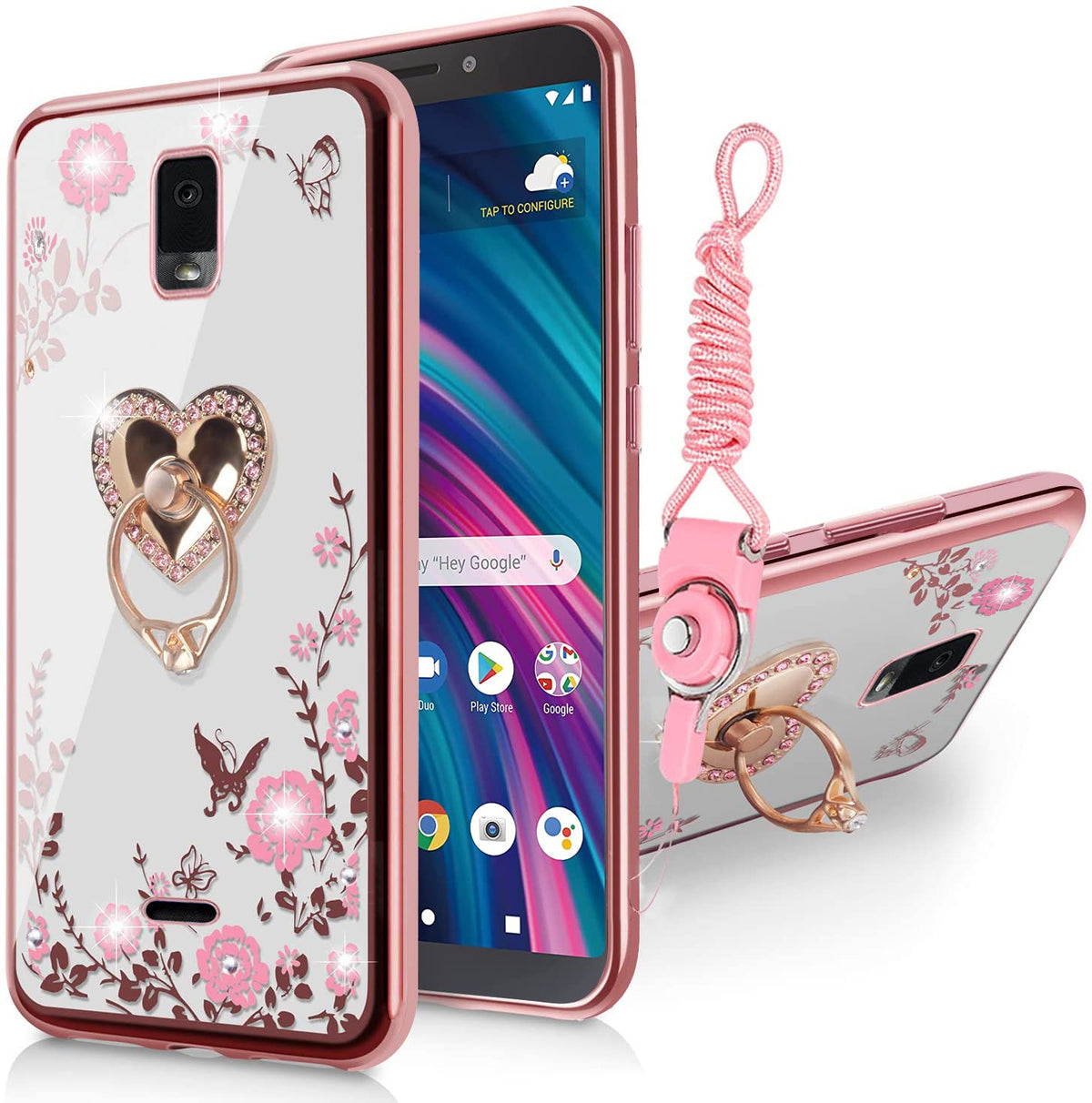 B Wishy For Blu View 3 Case For Women, Glitter Crystal Butterfly Heart Floral Slim Tpu Luxury Bling Cute Protective Cover With K