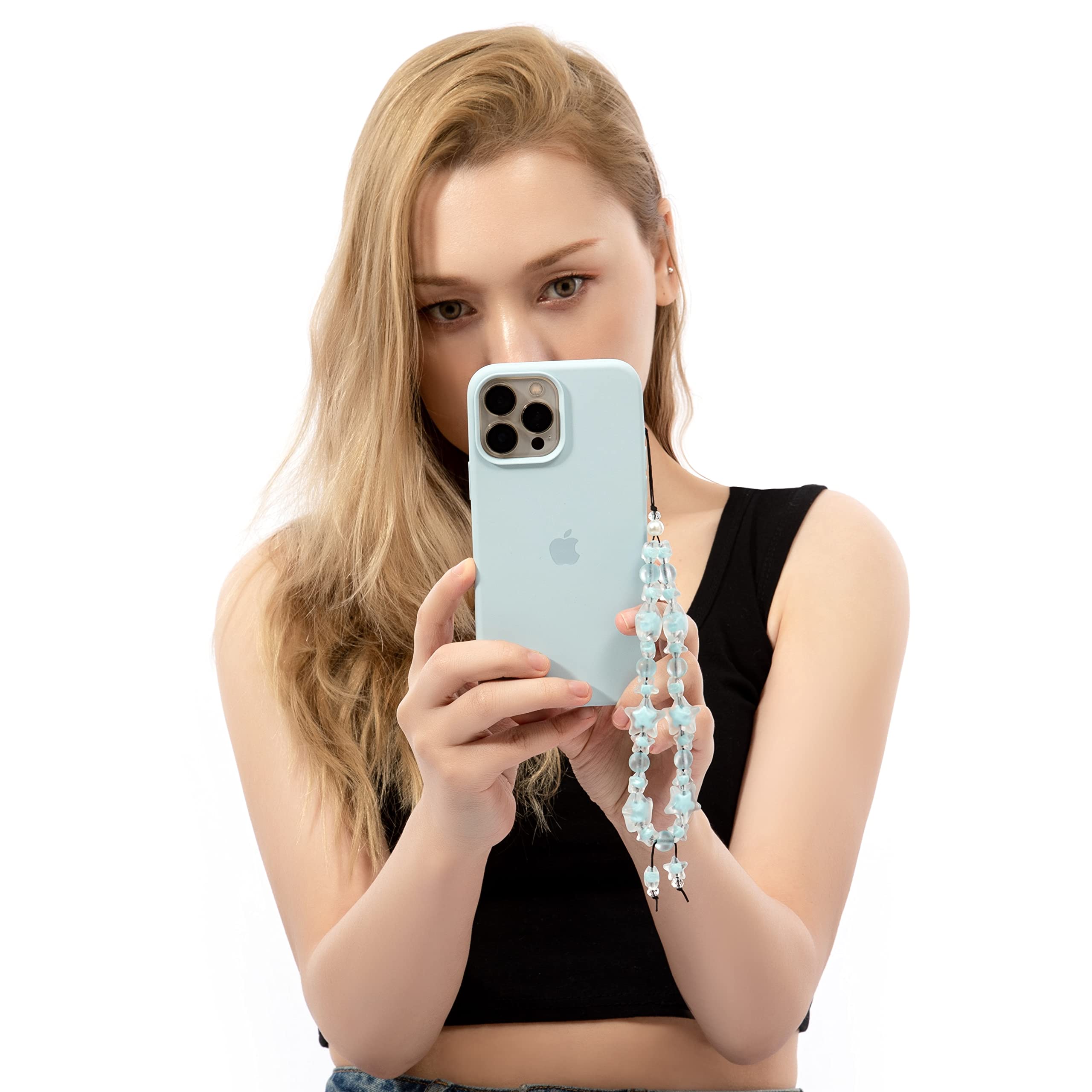 Fechdoo Handmade Wrist Strap Cute Phone Chain, Phone Charms Anti Lost Lanyard Beaded Chain, Phone Charm Accessories Blue Lightwe