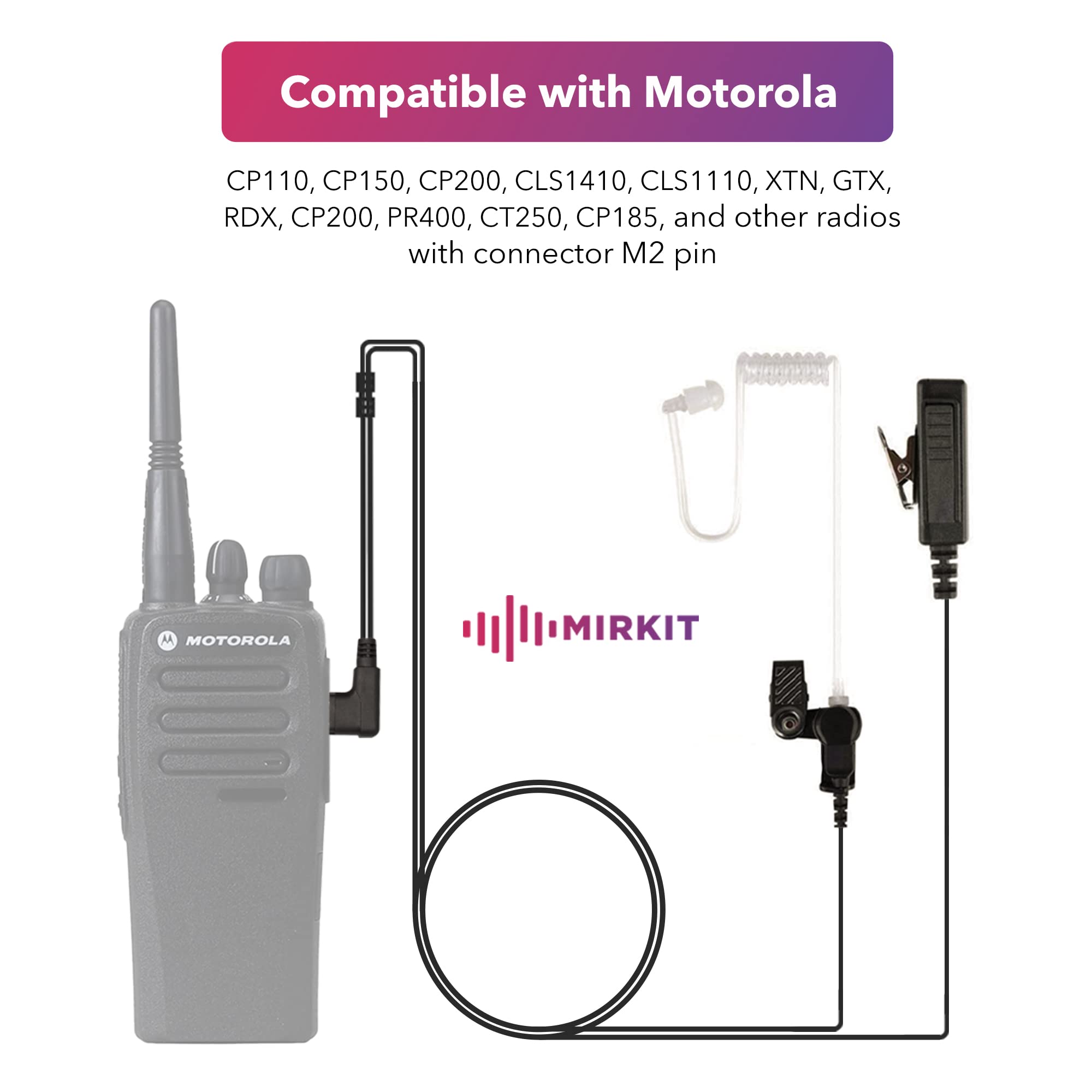 Mirkit Heavy Duty Walkie Talkie Earpiece With Mic Compatible With Motorola Radio M2Pin Cls1110 Cp110 Cp200 Rmu2040 Acoustic Tube Earpiece With Push To Talk Microphone & Lanyard Ham Radio Operator