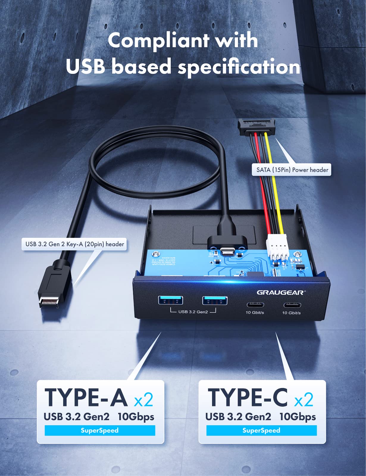 Graugear 3.5 Inch Front Panel Hub, 4 Ports Internal Metal Usb Hub, 2X Usb C 10Gbps And 2X Usb 3.2 Gen 2 Ports, Usb3.2 Type E Key