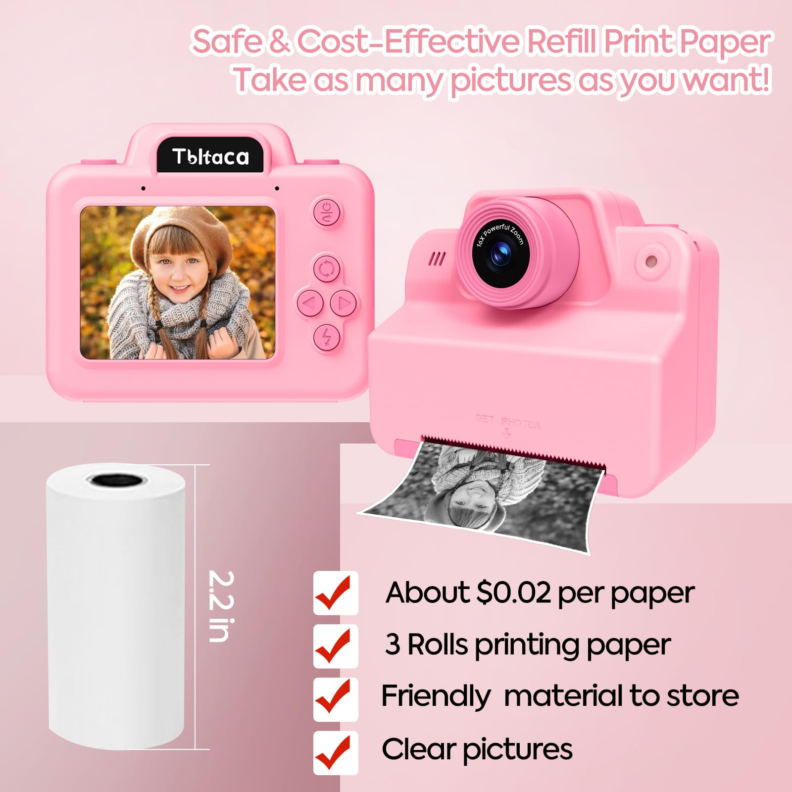 Kids Camera Instant Print Camera For Kids, Toddler Instant Camera For 3 4 5 6 7 8 9 10 Year Old Girls Christmas Birthday Gifts,