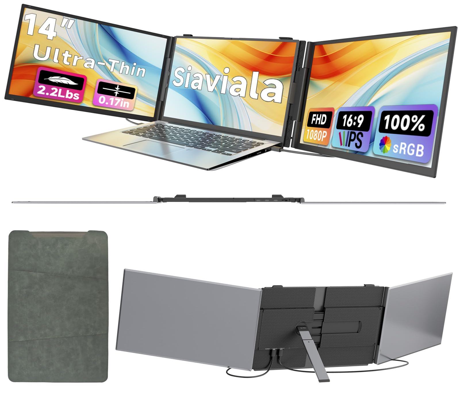 siaviala Laptop Screen Extender 0.17 Ultra-Thin, 14 1080P FHD IPS Portable Monitor, Triple Screen Laptop Monitor Extender for 13