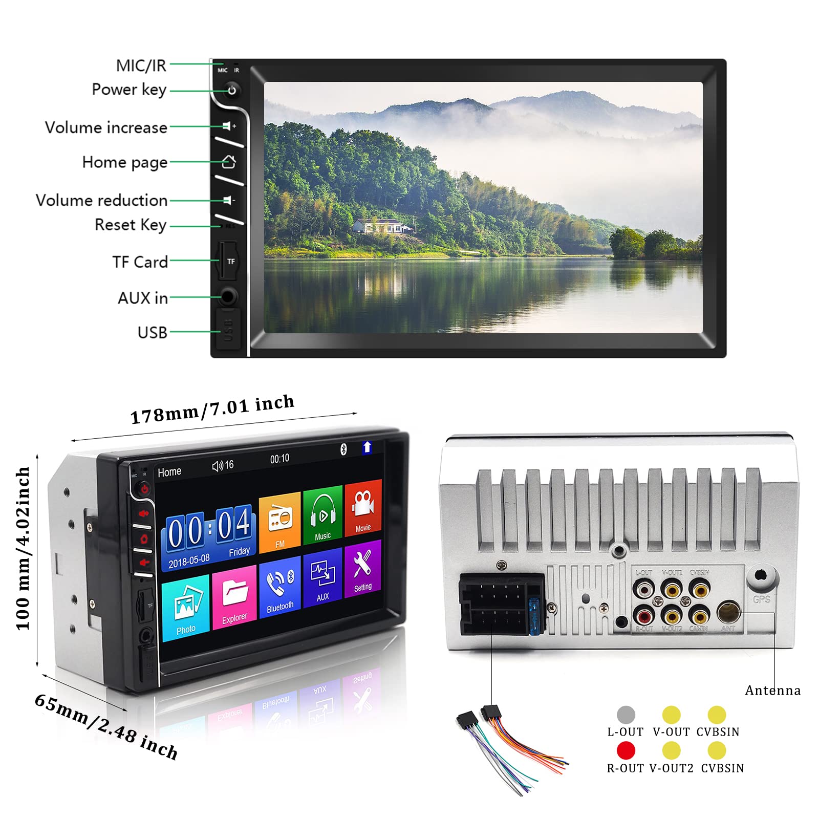 Unitopsci Double Din Car Stereo Receiver 7 Inch Touch Screen Bluetooth Hands Free Car Radio With Backup Camera Remote Control Ca