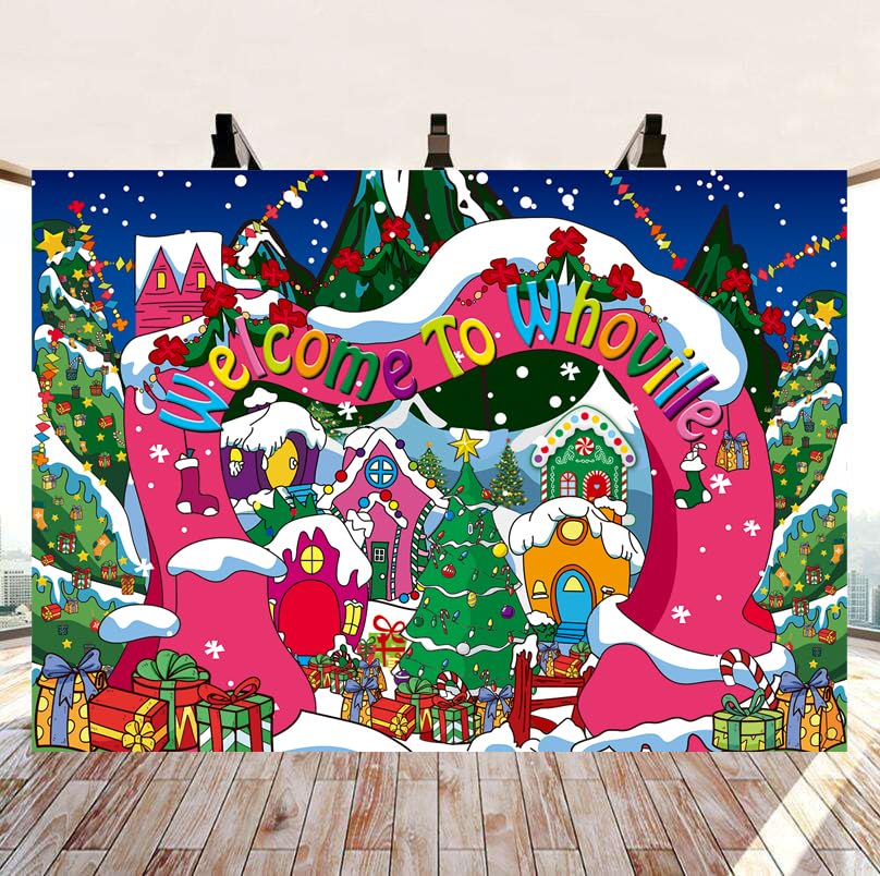 Welcome To Whoville Backdrop 10X8Ft Winter Christmas Village Photography Background For Kids First Birthday Baby Shower Happy Ne