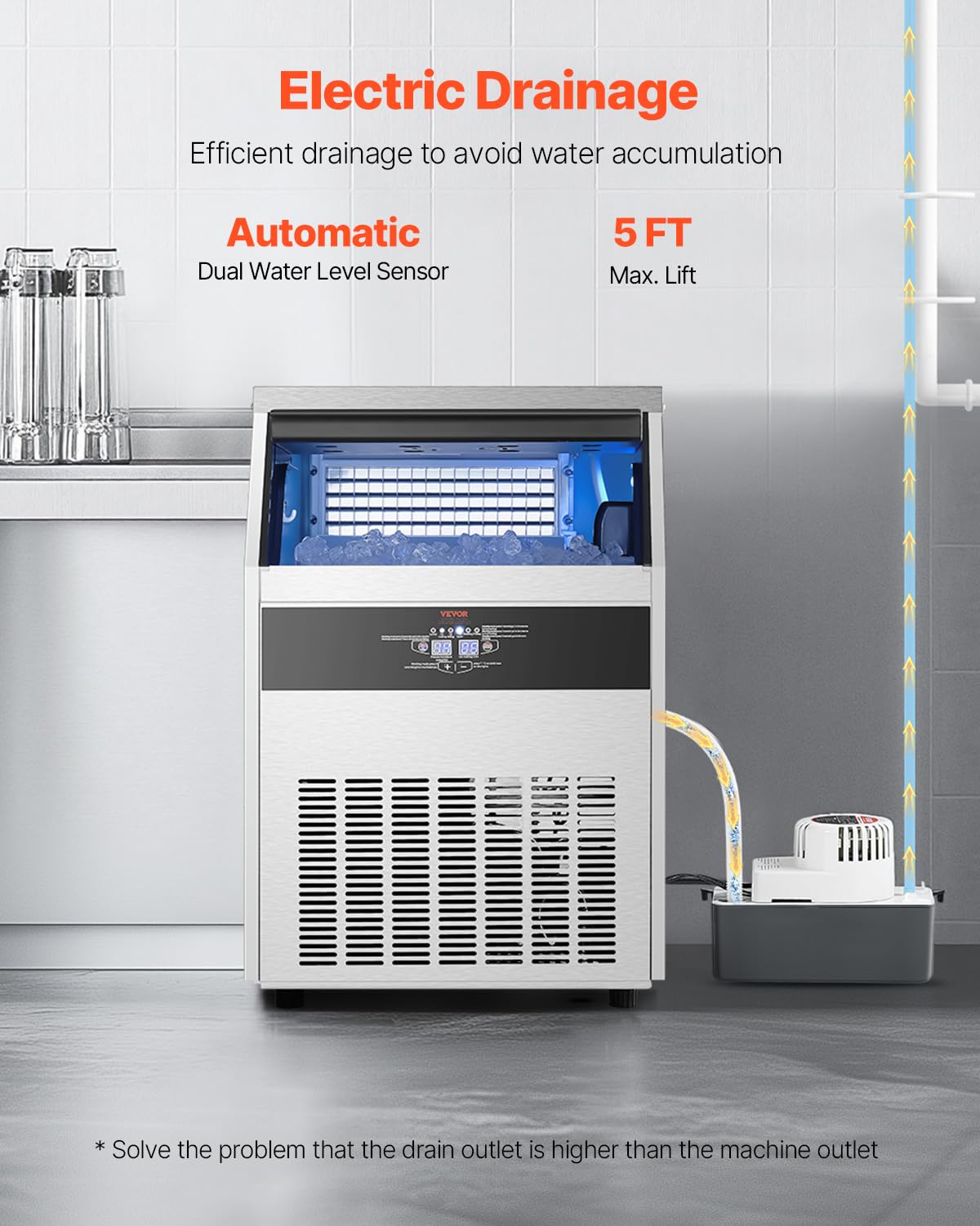 Vevor 160Lbs/24H Commercial Ice Maker Machine With Drain Pump, 66Lbs Storage Capacity Ice Maker, 80 Ice Cubes In 15 Minutes, Led