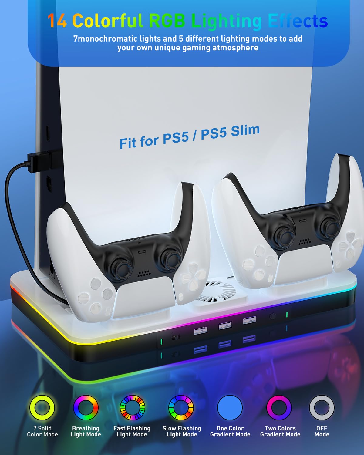 LYTFEI PS5/PS5 Slim Stand with RGB Cooling Station & Dual Controller Charger - Silver, 2-Level Cooling Fan, PlayStation 5 Accessories