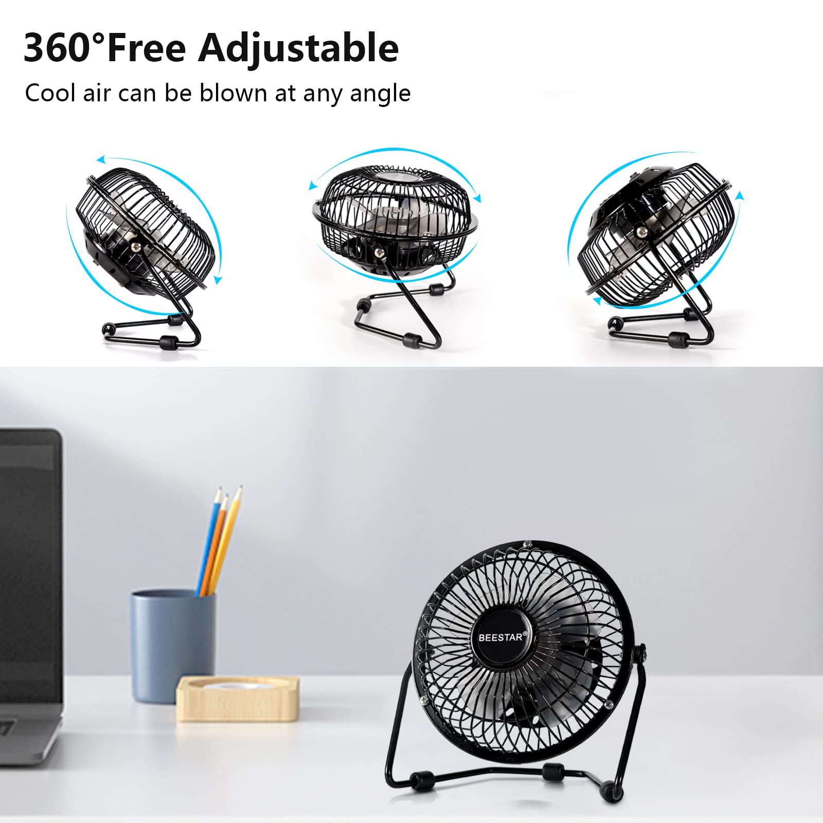 Beestar 4 Inch Mini Fan With Metal Construction,Powerful Usb Powered,360 Rotation Desk Personal Cooling Usb Fans Small Quiet For