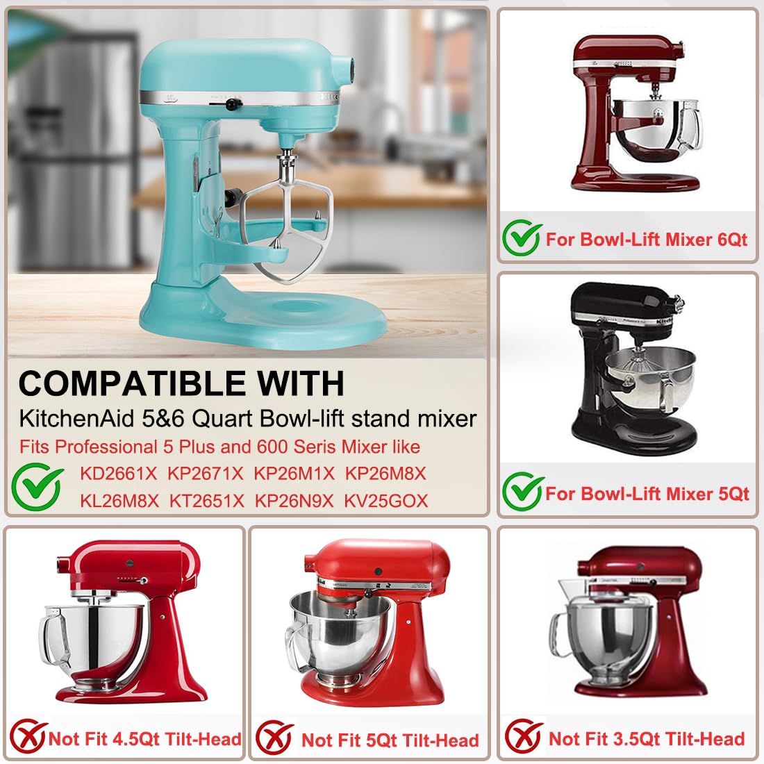 Flat Beater For Kitchenaid 5 6 Quart Bowl Lift Stand Mixer, Stainless Steel Paddle Attachments Fits For Kitchenaid Professional