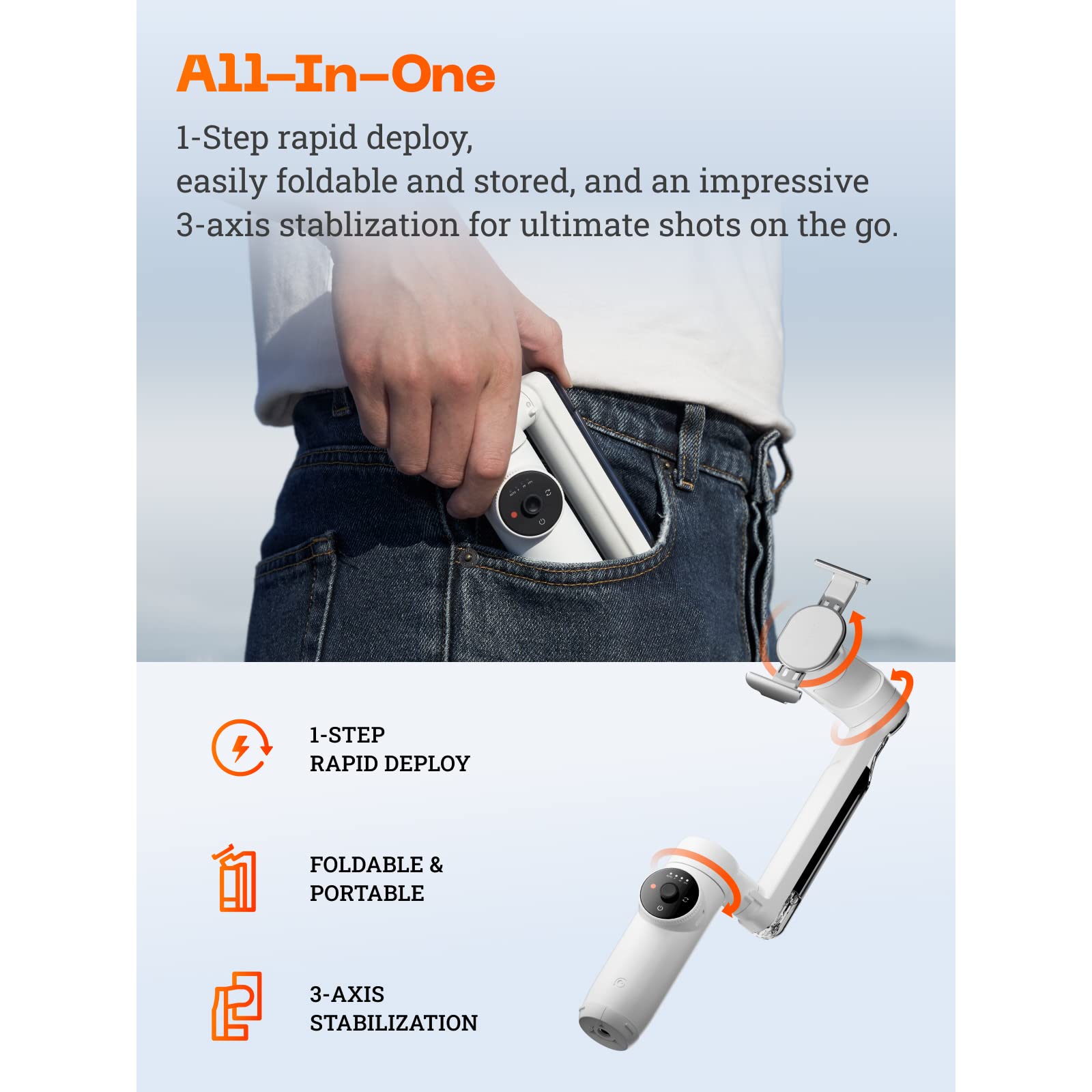 Insta360 Flow Gimbal Stabilizer For Smartphone, Ai Powered Gimbal, 3 Axis Stabilization, Built In Tripod, Portable & Foldable, A