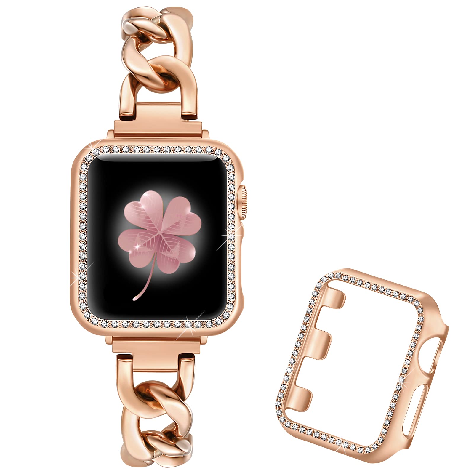 Dilando Cool Chain Metal Link Bands Compatible With Apple Watch 44Mm 42Mm 45Mm With Bling Case Women Men, Stainless Steel Band C