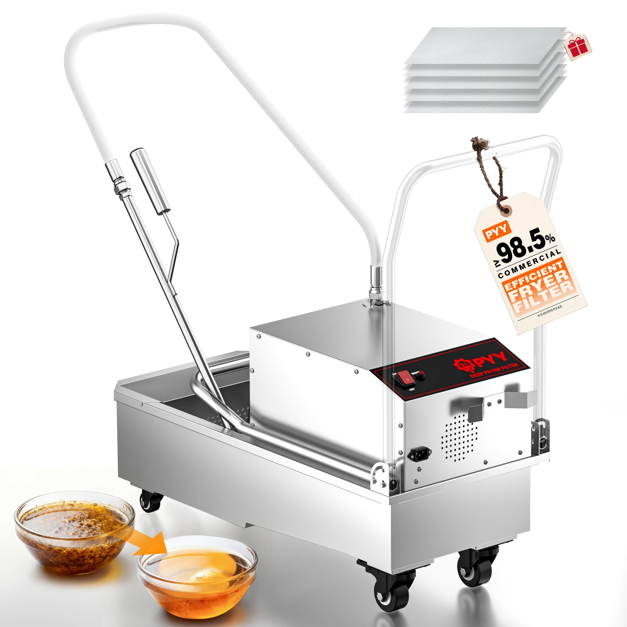 PYY Fryer Filter Machine - 40L/10.5GAL Commercial Deep Fryer Oil Filtration, 5.28GAL/Min 1700RPM Stainless Steel Mobile Fryer Oi