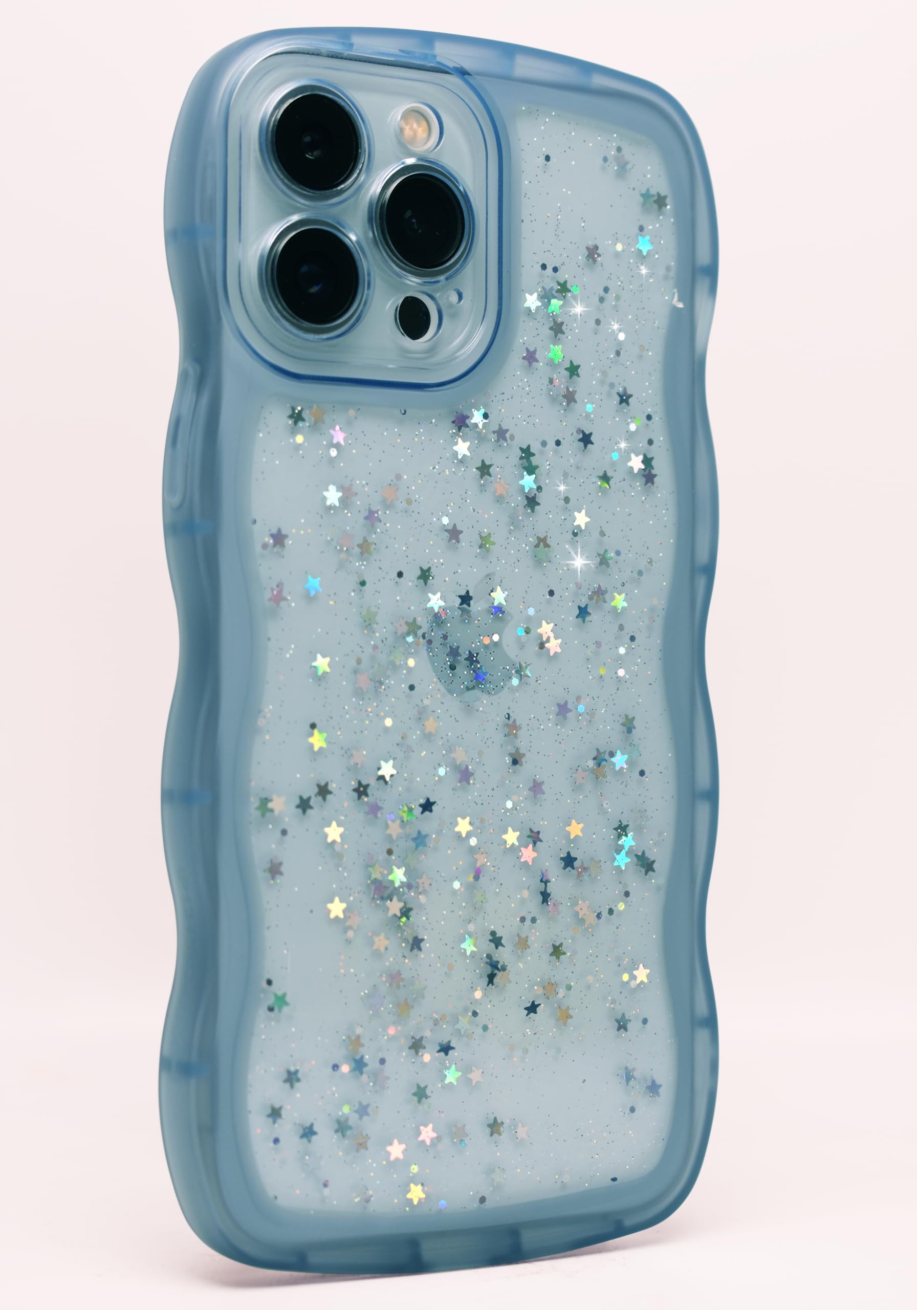 Qokey For Iphone 13 Case 6.1 Inch,Cute Clear Glitter Star Curly Wave Design Edge Case,Transparent Bling Shiny Full Protection So