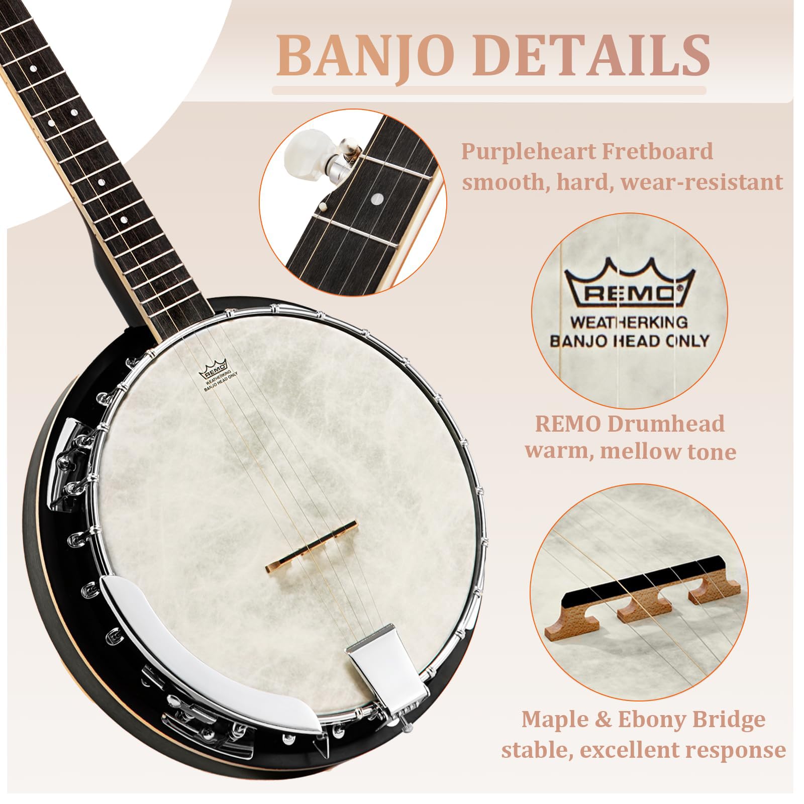 Lotkey 38-Inch 5 String Banjo, Remo Drum Head Full Size Banjos, Resonator And Open-Back Dual Styles With Beginners Manual, Banj