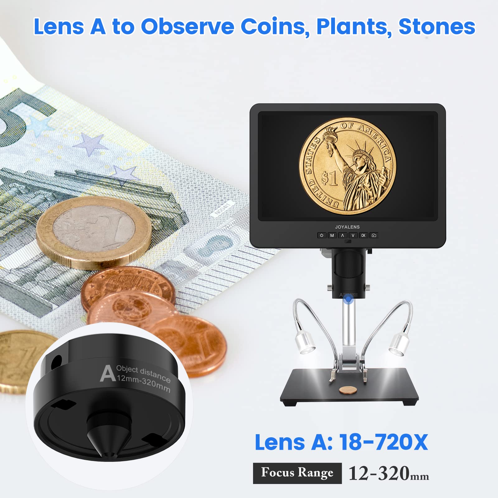 Joyalens Jl249Ms 3 Lens 10.1 Inch Lcd Hdmi Digital Microscope 2000X, 24Mp Soldering Microscope Pro Metal Stand For Vertical Hori