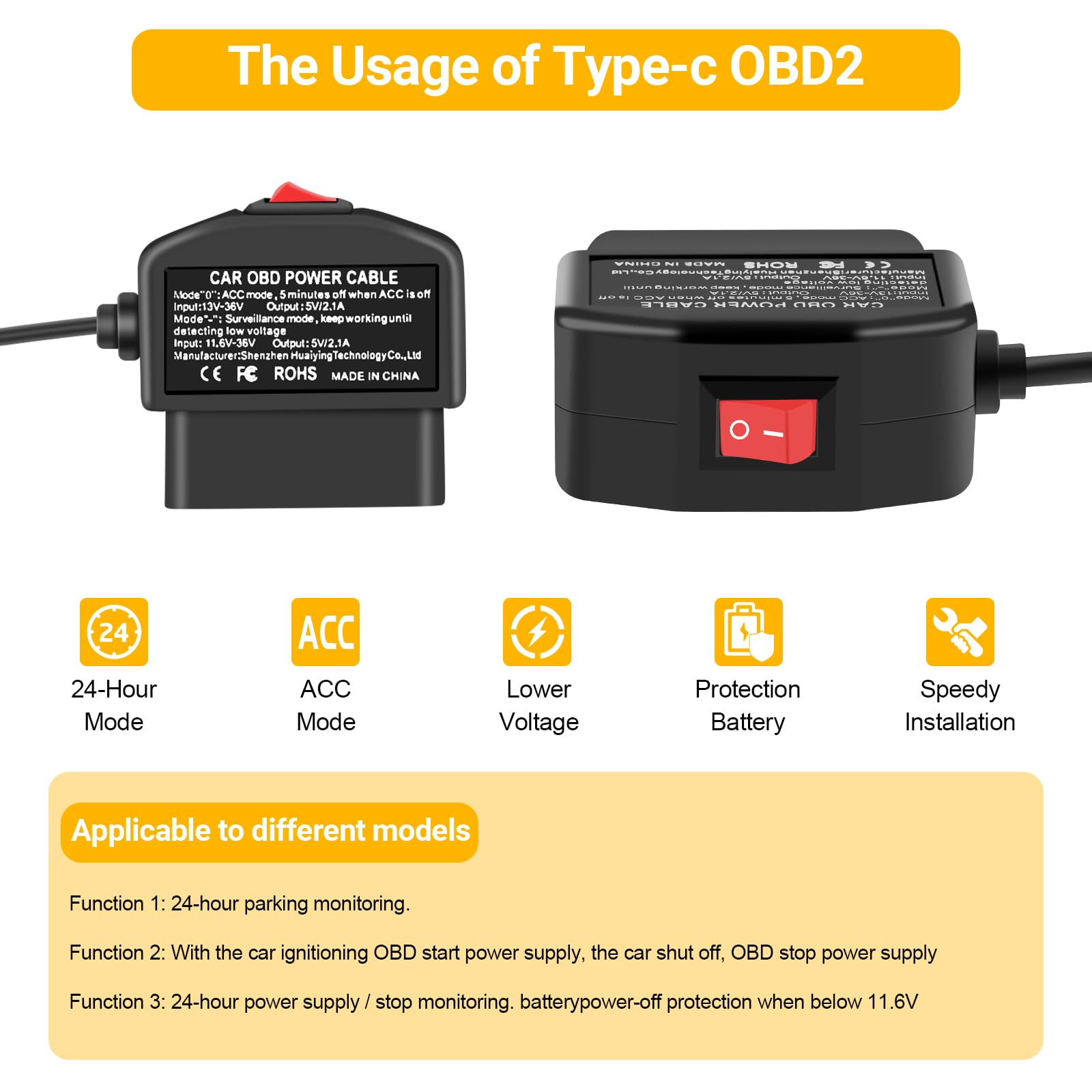 Obd Power Cable For Dash Camera Charger Obd2 To Usb Cable, 24 Hours Surveillance/Acc Mode With Switch Button Obd2 Power Adapter