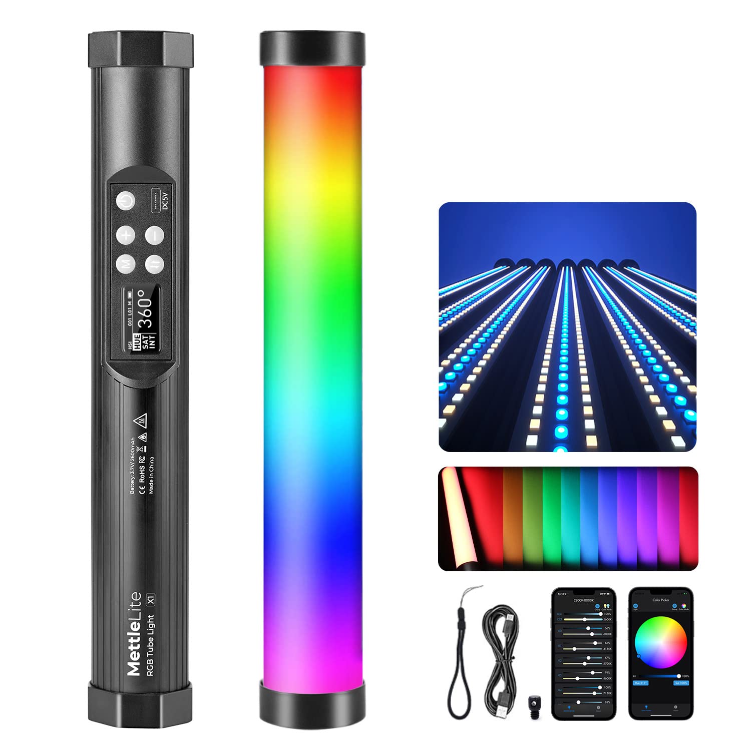 Mettlelite Tlx1 Rgb Tube Light Led Full Color Portable Video Light With App Control 2800K 8000K Cri96 Tlci97 360 Rgb Cct Hsi Mod