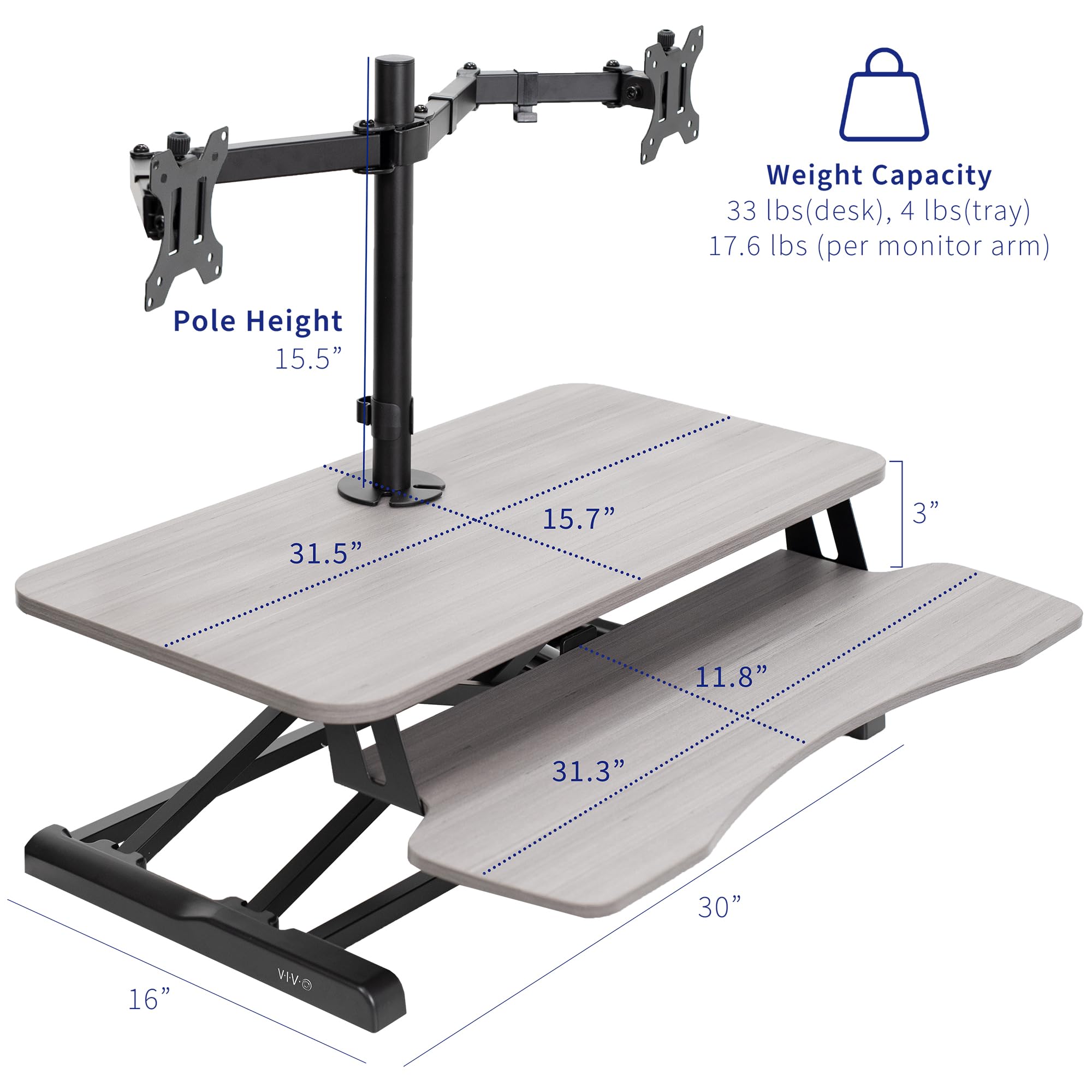 VIVO Height Adjustable 32 inch Standing Desk Converter with Dual 13 to 30 inch Monitor Stand, Sit Stand Monitor Mount and Desk Riser, Gray, DESK V000K M2G