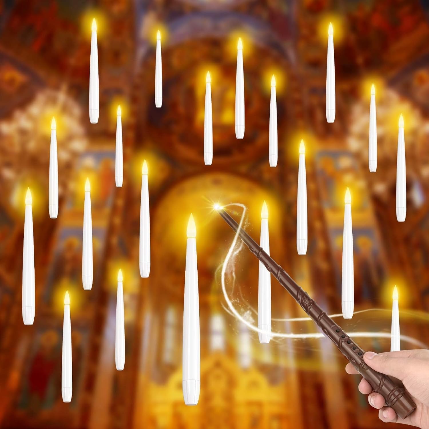 SOONEEDEAR Floating LED Candles with Magic Wand Remote,Flameless Flickering Batteries Operated Taper Hanging candlesticks,Ceilin