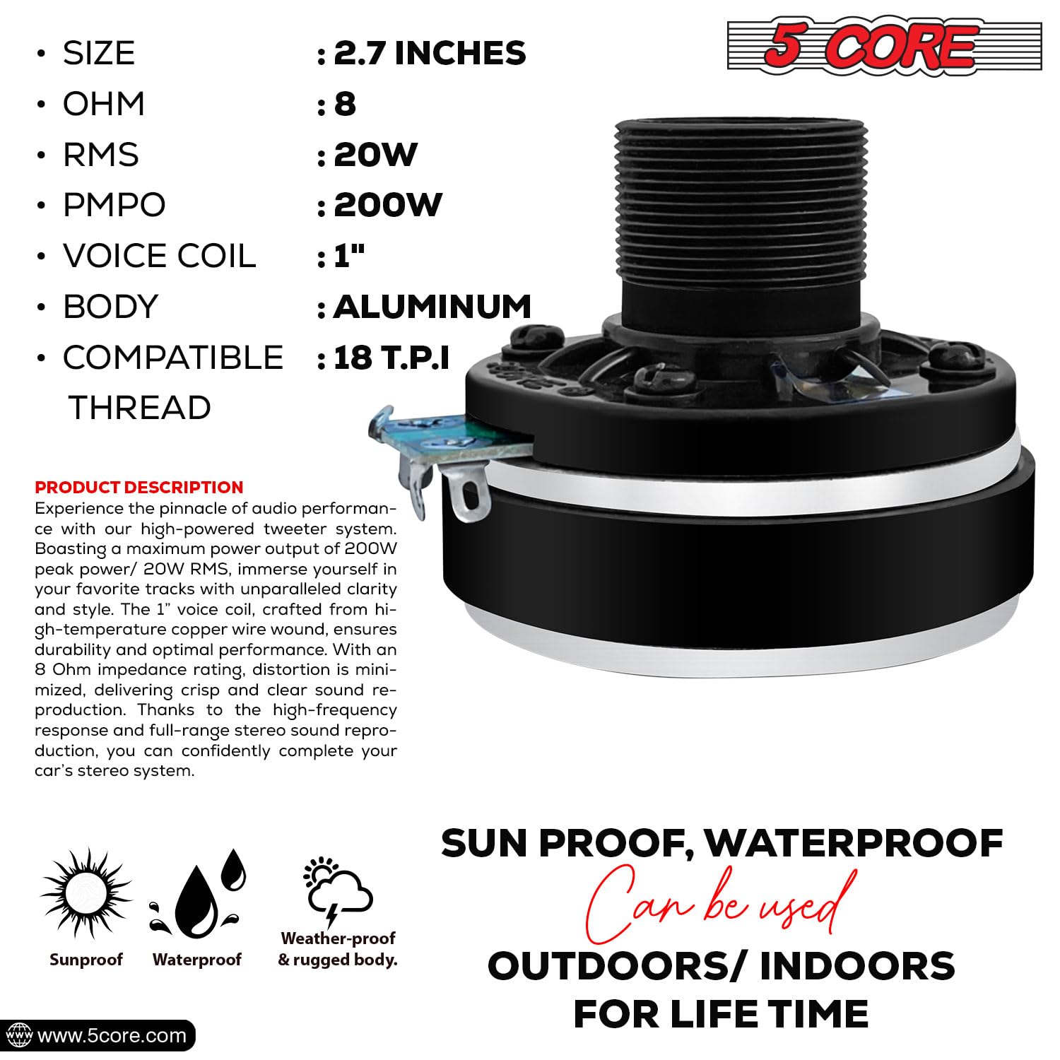 5 Core Compression Driver 1'' Exit Screw On Horn 200W Pmpo Tweeter Driver Unit High Frequency 8 Ohms 1'' Voice Coil 108Db Also F