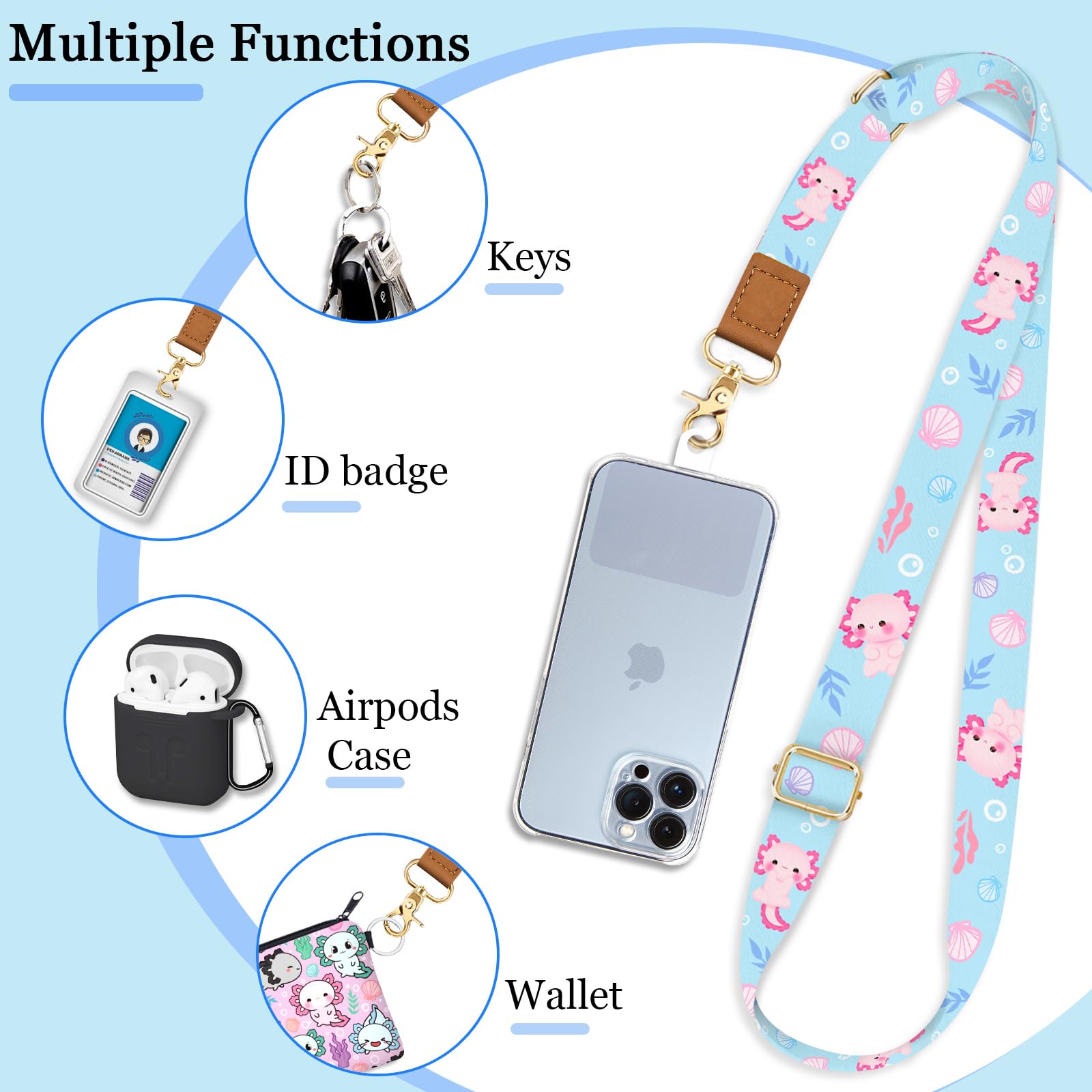 Cell Phone Lanyard Crossbody With Wrist Strap, Cute Axolotls Phone Lanyards For Around The Neck Wristlet Adjustable Phone Strap,