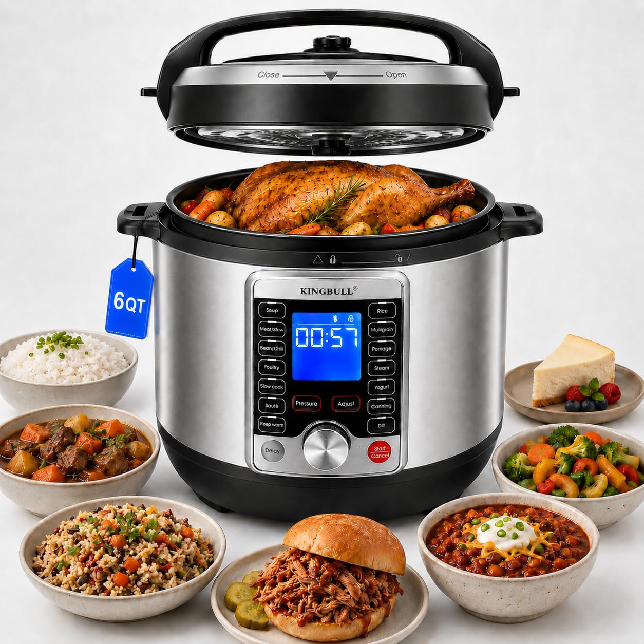 KINGBULL 14in1 Electric Pressure Cooker 6 Quart, Stainless Steel Multi Cooker with LCD Display, Slow Cooker, Rice Cooker, Stea