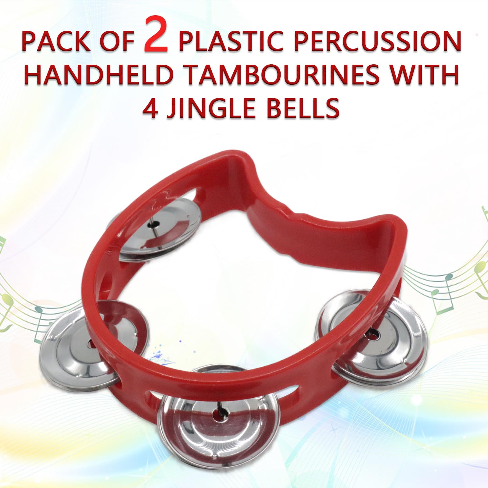 Cheerock Pack Of 2 Plastic Percussion Handheld Tambourines With 4 Jingle Bells, Red Mini Hand Bell Percussion, Musical Rhythm In
