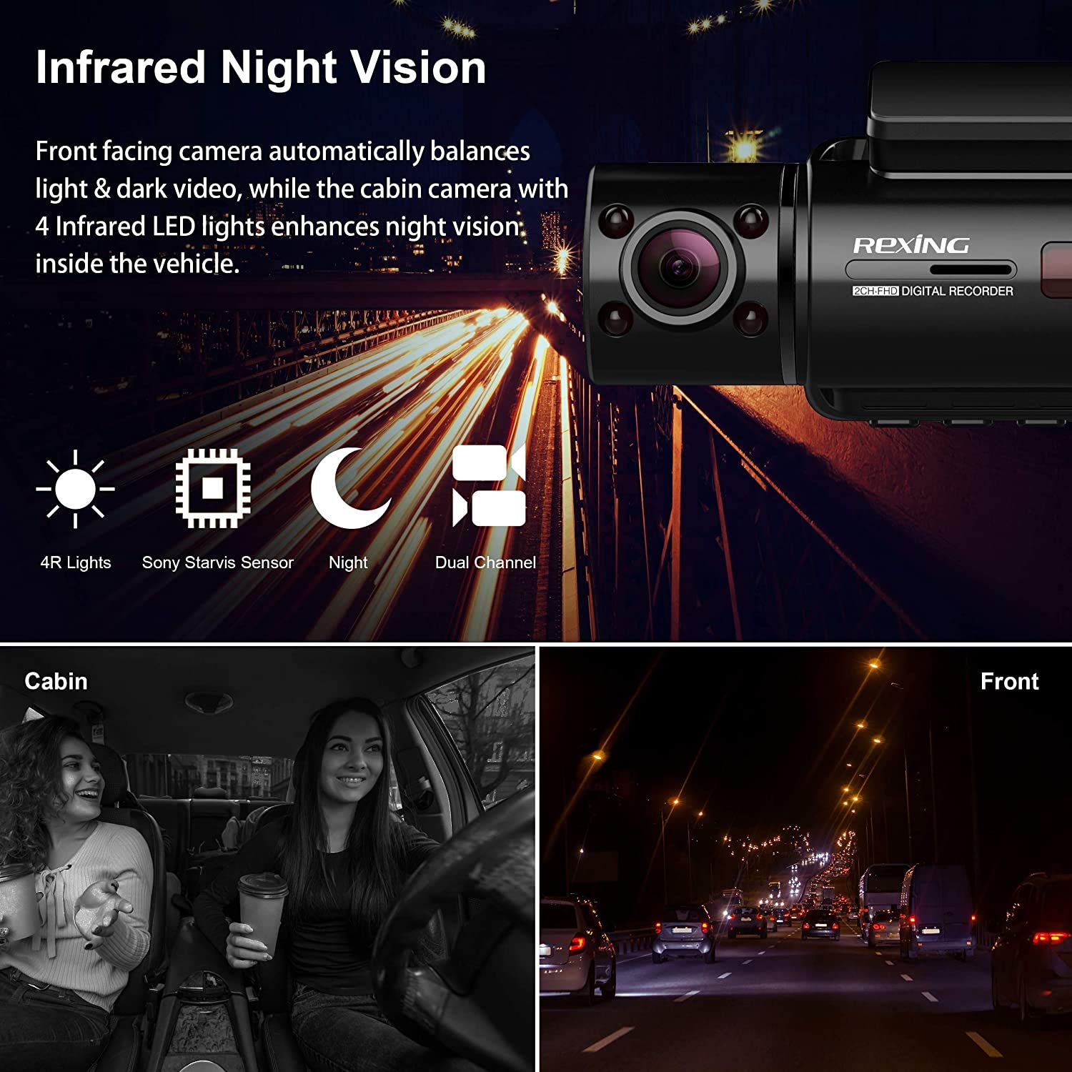 Rexing V3 Basic Dual Camera Front And Inside Cabin Infrared Night Vision Full Hd 1080P Wifi Car Taxi Dash Cam With Supercapacito