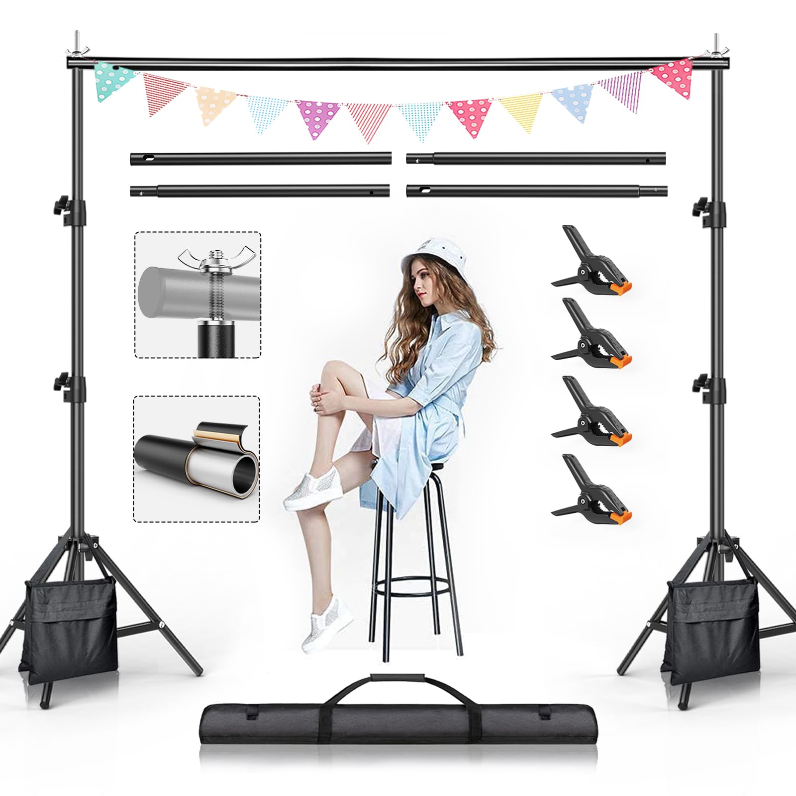 Beiyang Backdrop Stand, 7.5 Ft X 10 Ft Adjustable Photography Background Support System Kit With Carrying Bag For Photo Video St