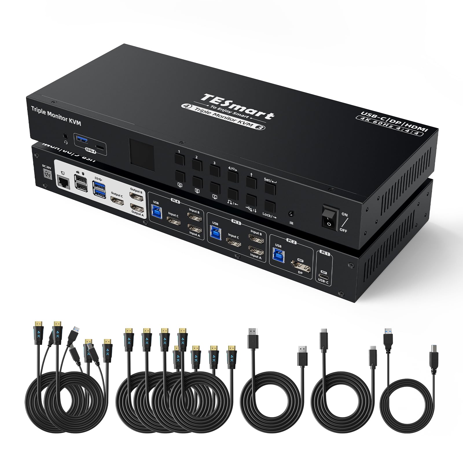 Tesmart Usb 3.0 Hdmi+Dp+Usb C Kvm Switch 3 Monitors 4 Computers 4K@60Hz, 4 Port Triple Monitor Kvm Switch Built In Docking Stati