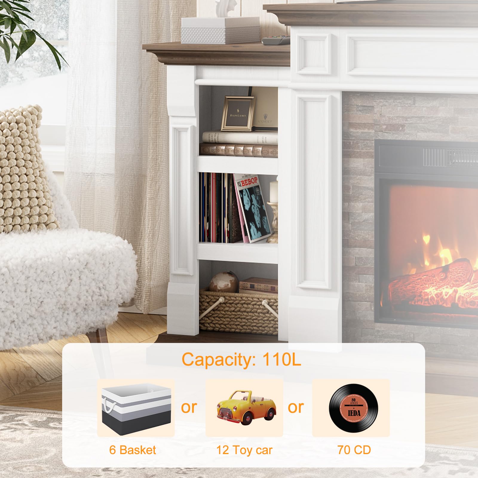 Naice 70'' Electric Fireplace With Mantel And Cabinets, Fireplace Tv Stand For Living Room Bedroom, Stacked Stone Surround And R